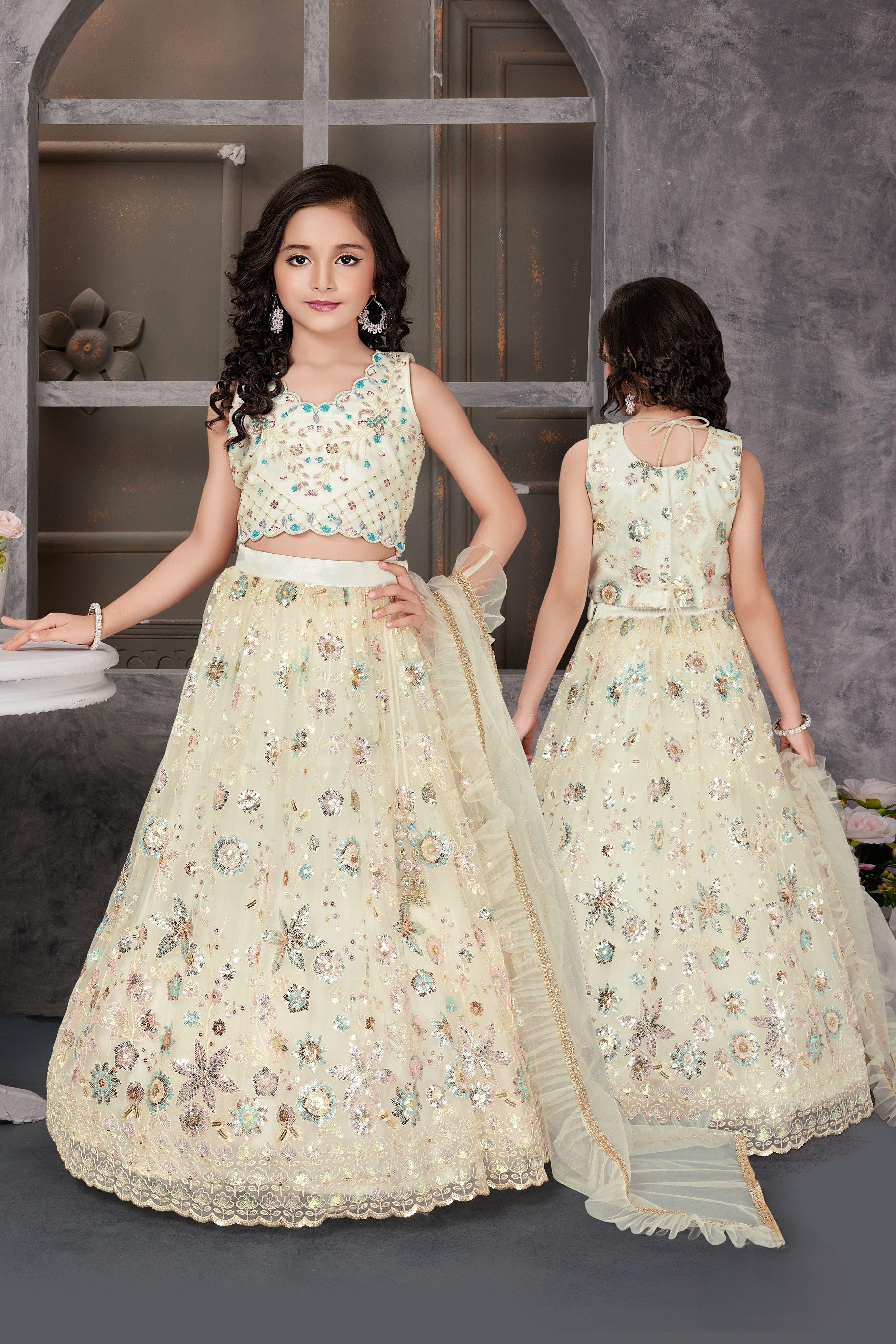 Cream Mirror Embroidered Net Lehenga Choli Set - Mokshaa