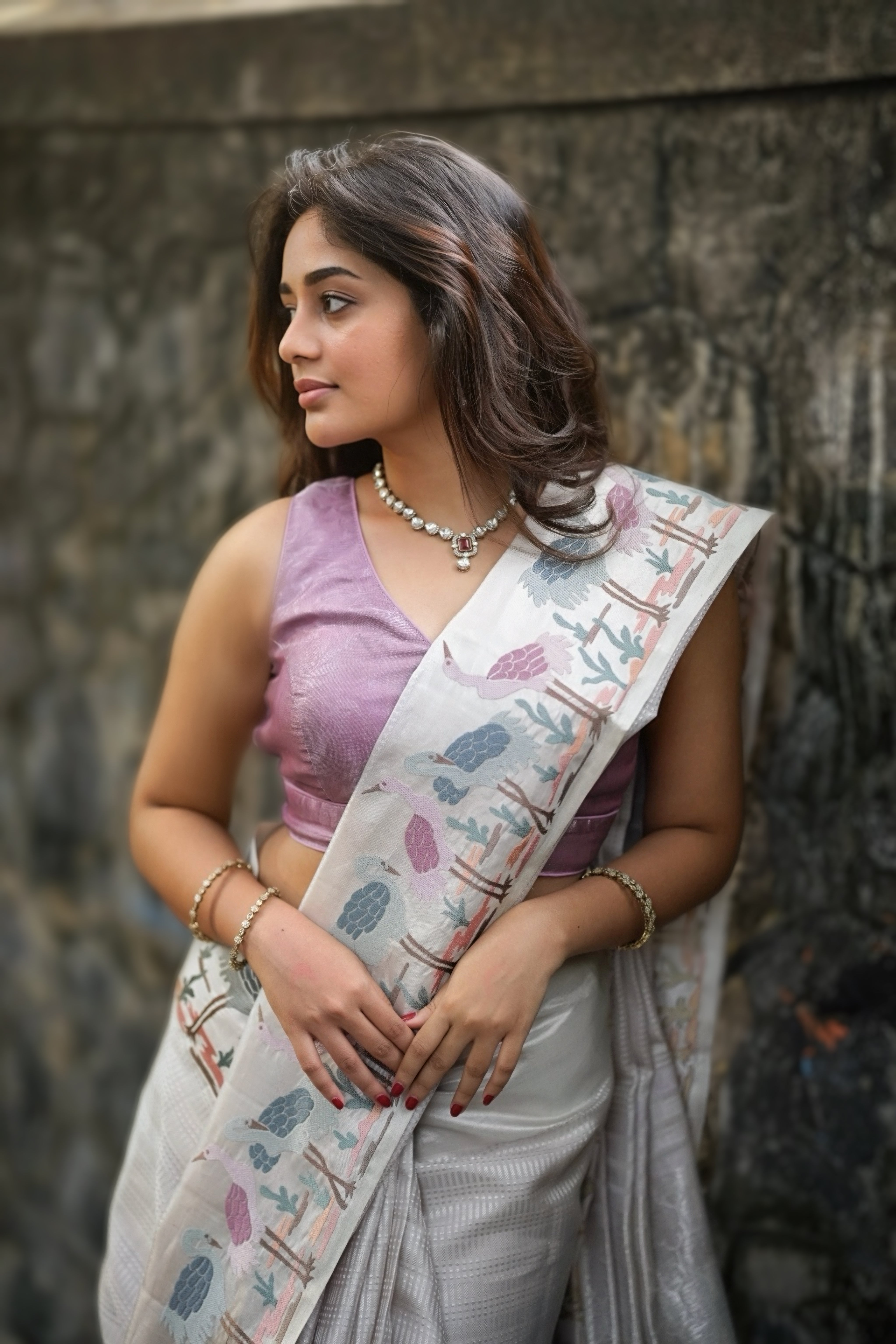Light Lavender Silk Saree with Tissue Embroidered Border - Mokshaa