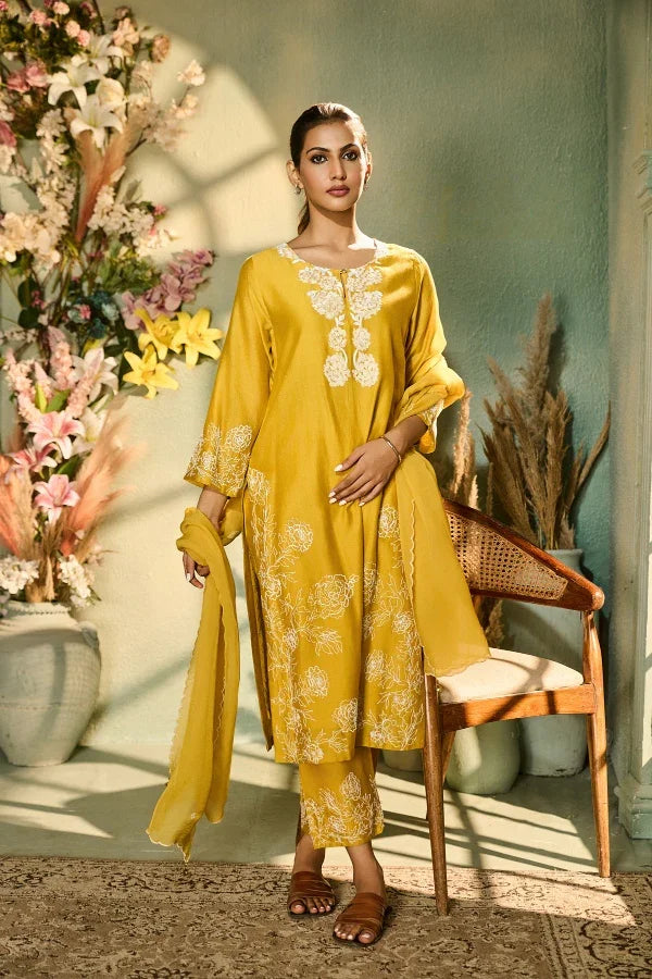 Yellow Kurta Set with White Thread Embroidery & Dupatta - Mokshaa