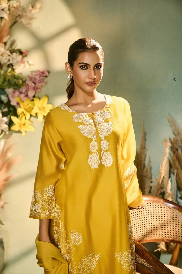 Yellow Kurta Set with White Thread Embroidery & Dupatta - Mokshaa