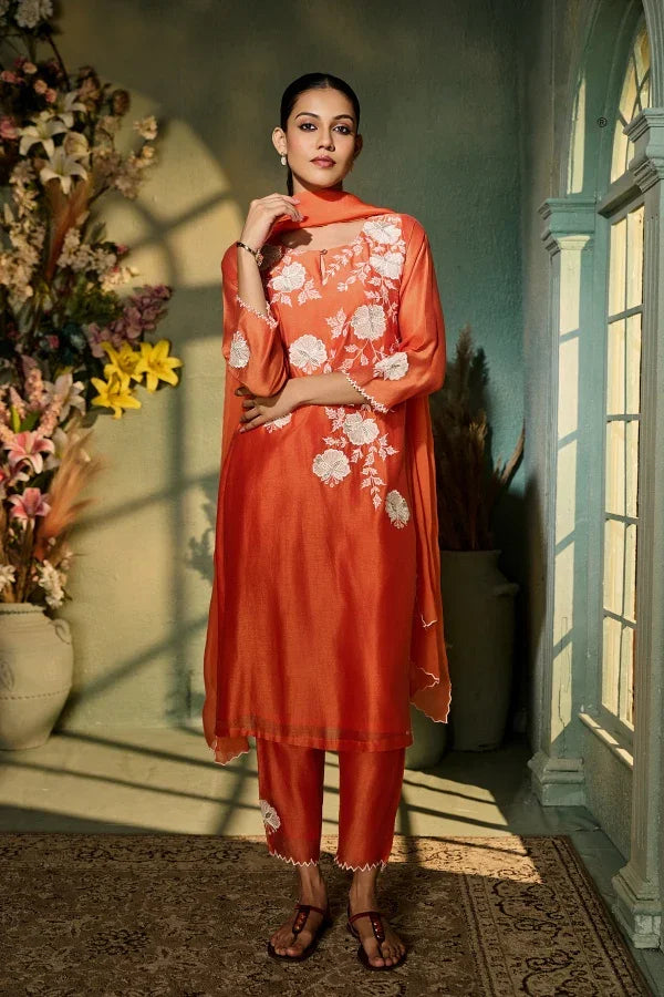 Burnt Orange Muslin Kurta Set with White Floral Embroidery & Dupatta - Mokshaa