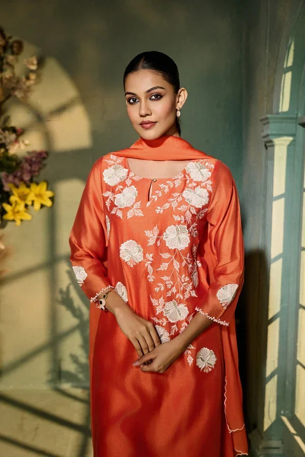 Burnt Orange Muslin Kurta Set with White Floral Embroidery & Dupatta - Mokshaa