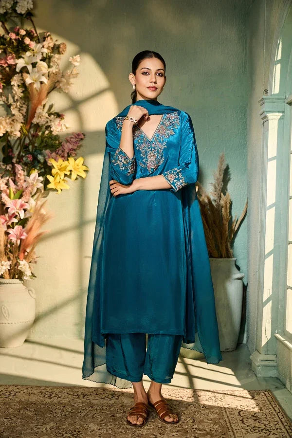 Teal Crepe Kurta Set with Intricate Antique-Gold Embroidery & Dupatta - Mokshaa
