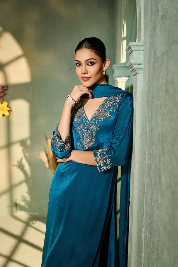 Teal Crepe Kurta Set with Intricate Antique-Gold Embroidery & Dupatta - Mokshaa