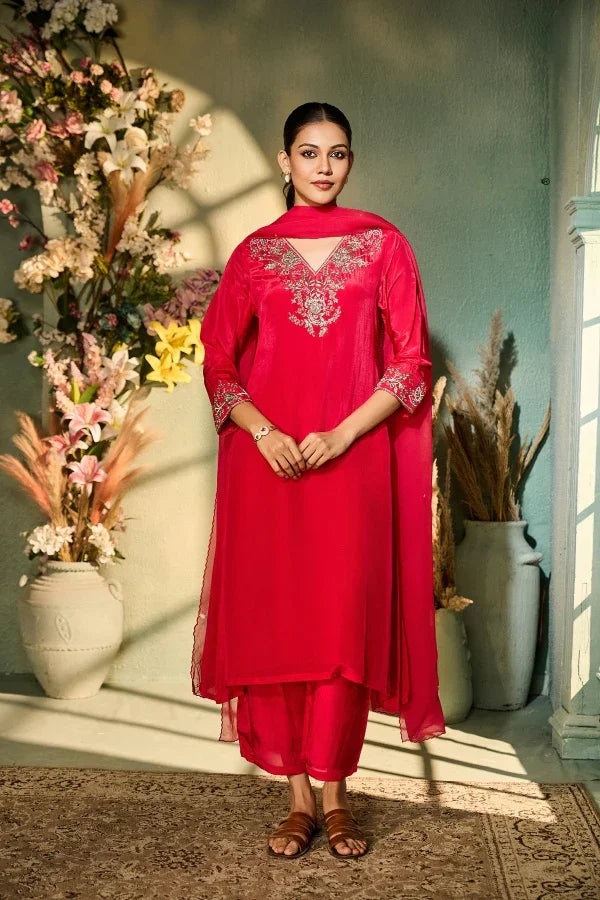 Crimson Crepe Kurta Set with Zardozi & Sequin Embroidery - Mokshaa