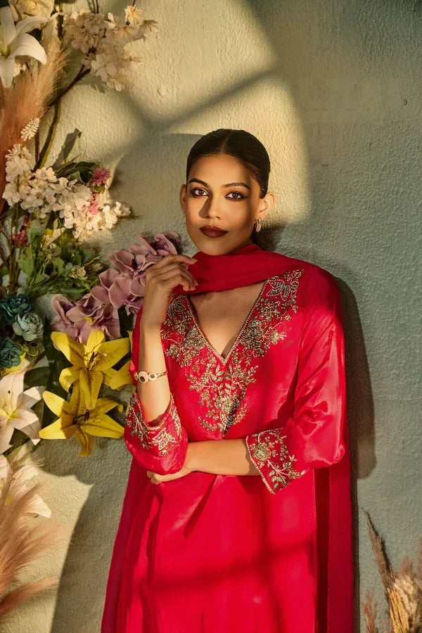 Crimson Crepe Kurta Set with Zardozi & Sequin Embroidery - Mokshaa