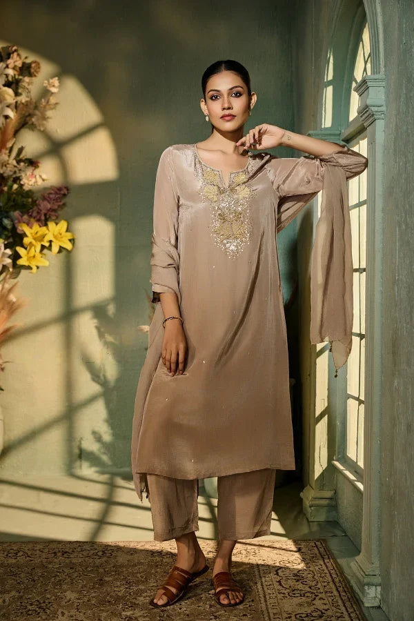Taupe Crepe Kurta Set with Gold Sequin Embroidery & Dupatta - Mokshaa