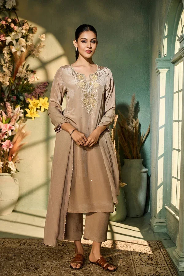 Taupe Crepe Kurta Set with Gold Sequin Embroidery & Dupatta - Mokshaa