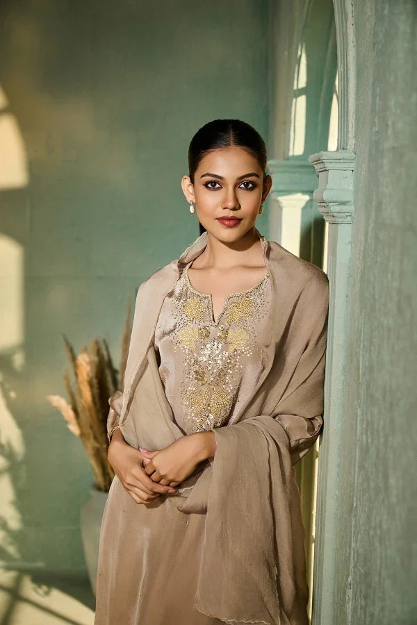 Taupe Crepe Kurta Set with Gold Sequin Embroidery & Dupatta - Mokshaa