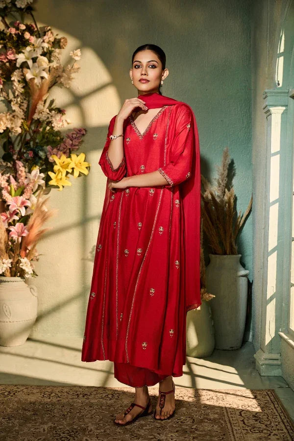 Red Silk Kurta Set with Gold Embellishment & Dupatta - Mokshaa