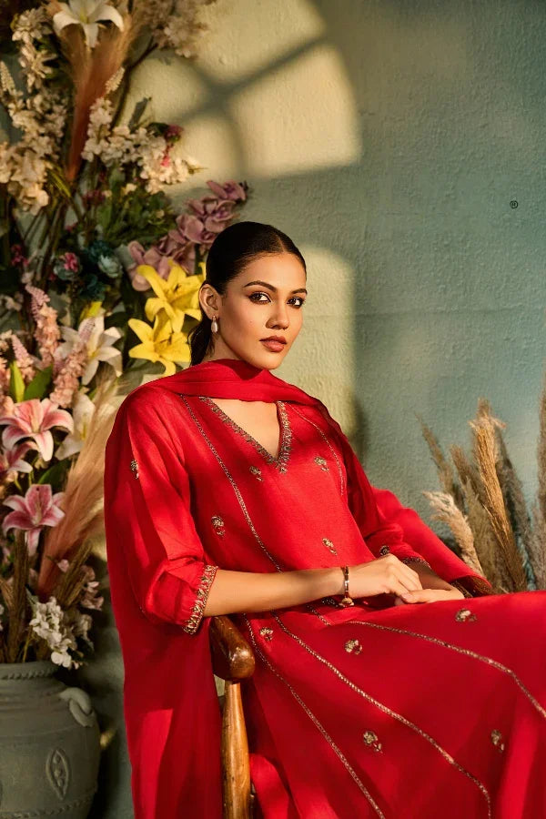 Red Silk Kurta Set with Gold Embellishment & Dupatta - Mokshaa