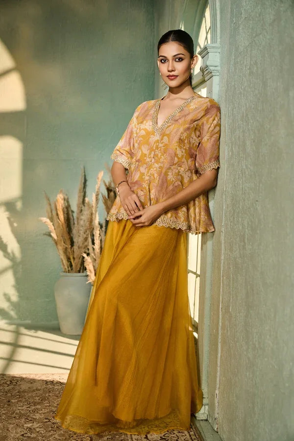Mustard Organza Palazzo Set with Printed Peplum Top - Mokshaa