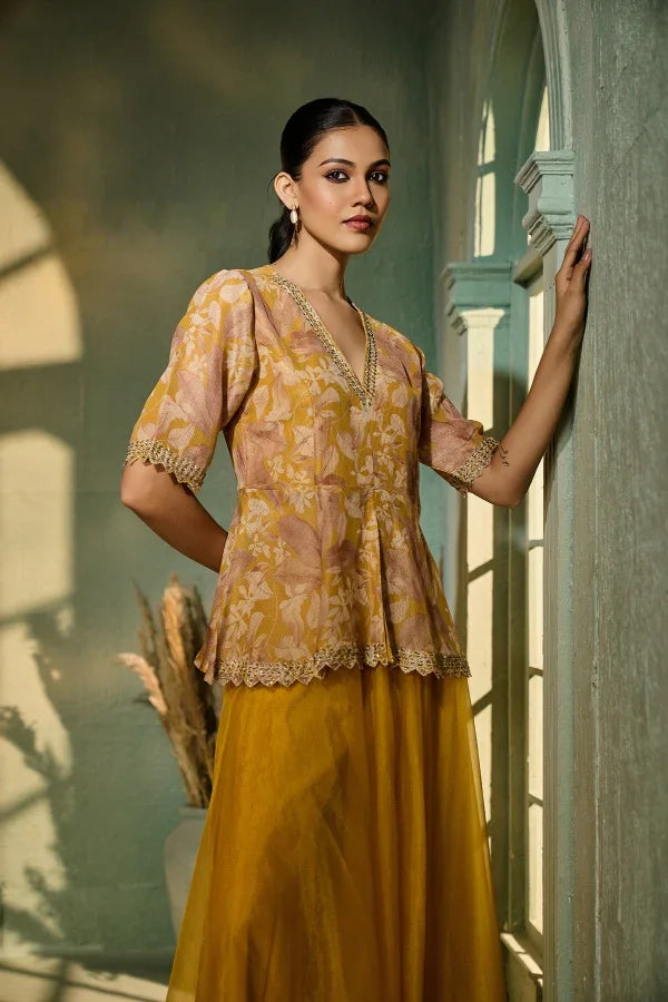 Mustard Organza Palazzo Set with Printed Peplum Top - Mokshaa