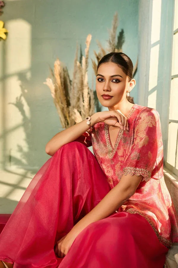 Pink Organza Peplum Top with Matching Palazzo - Mokshaa