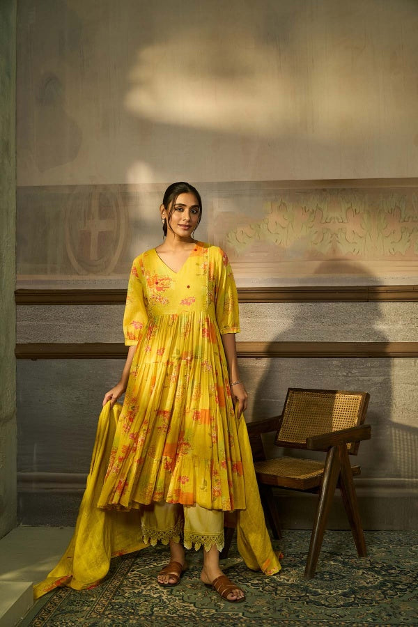 Sunshine Yellow Floral Printed Tiered Kurta Set - Mokshaa