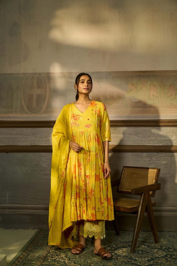 Sunshine Yellow Floral Printed Tiered Kurta Set - Mokshaa