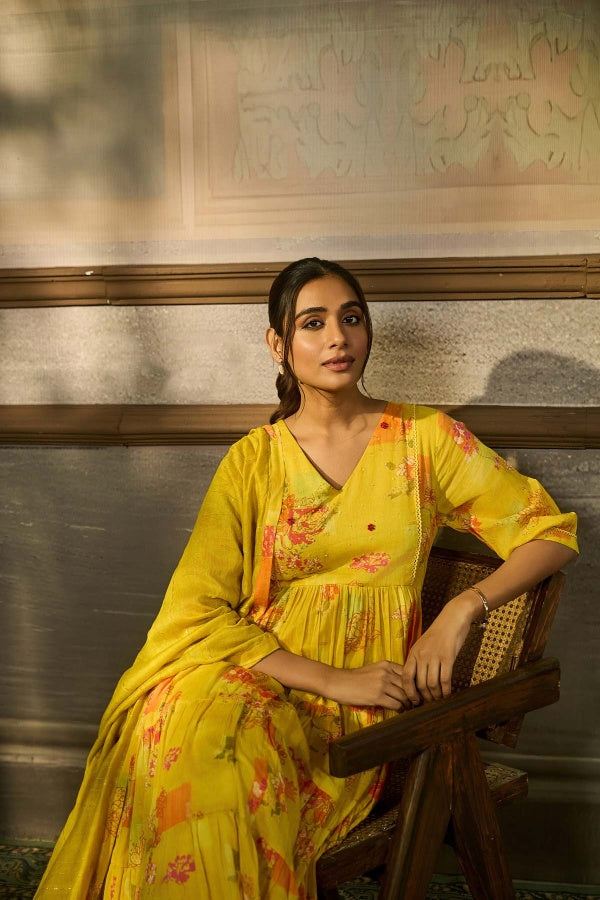 Sunshine Yellow Floral Printed Tiered Kurta Set - Mokshaa