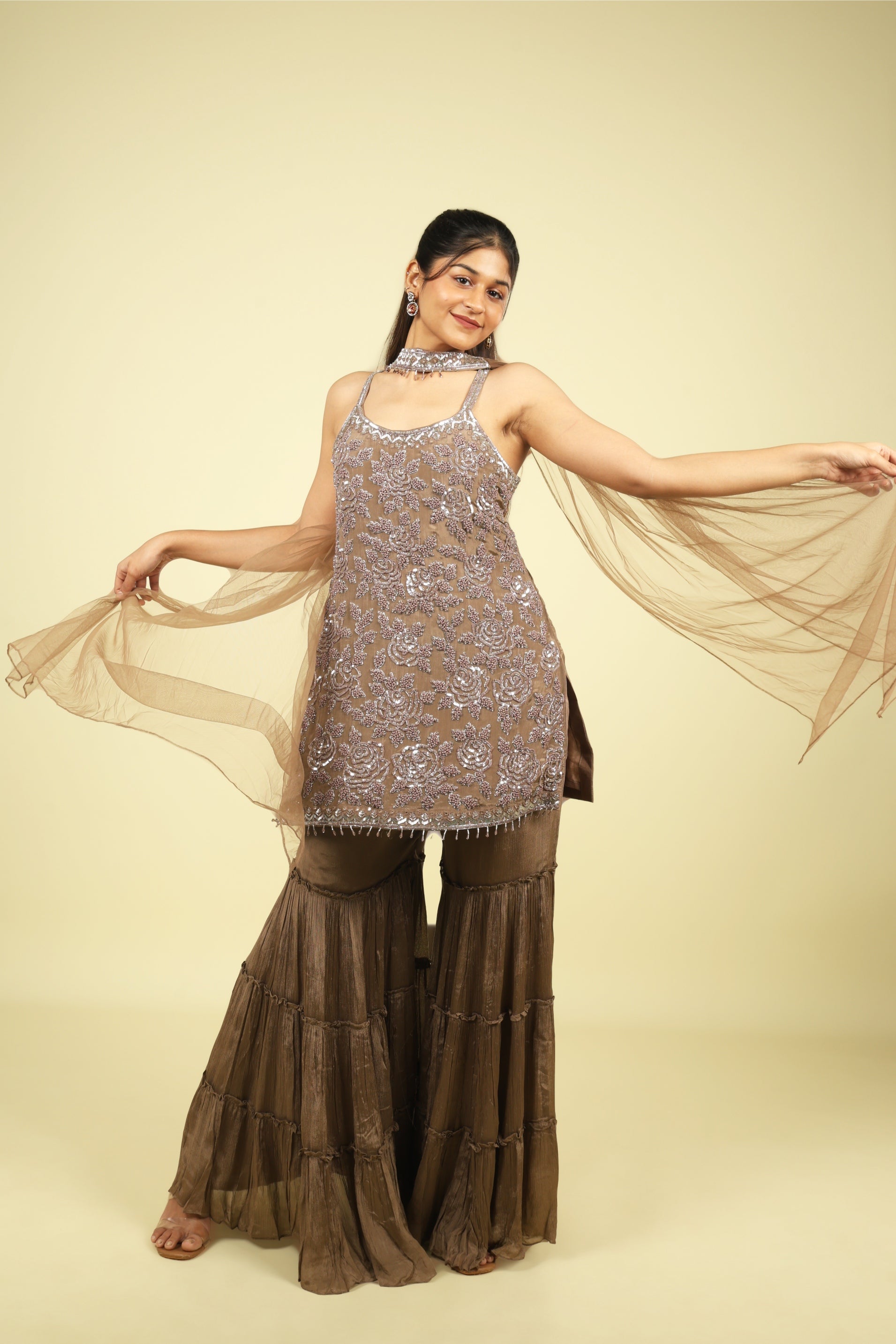 Brown Embroidered Chinon Sharara Set - Mokshaa