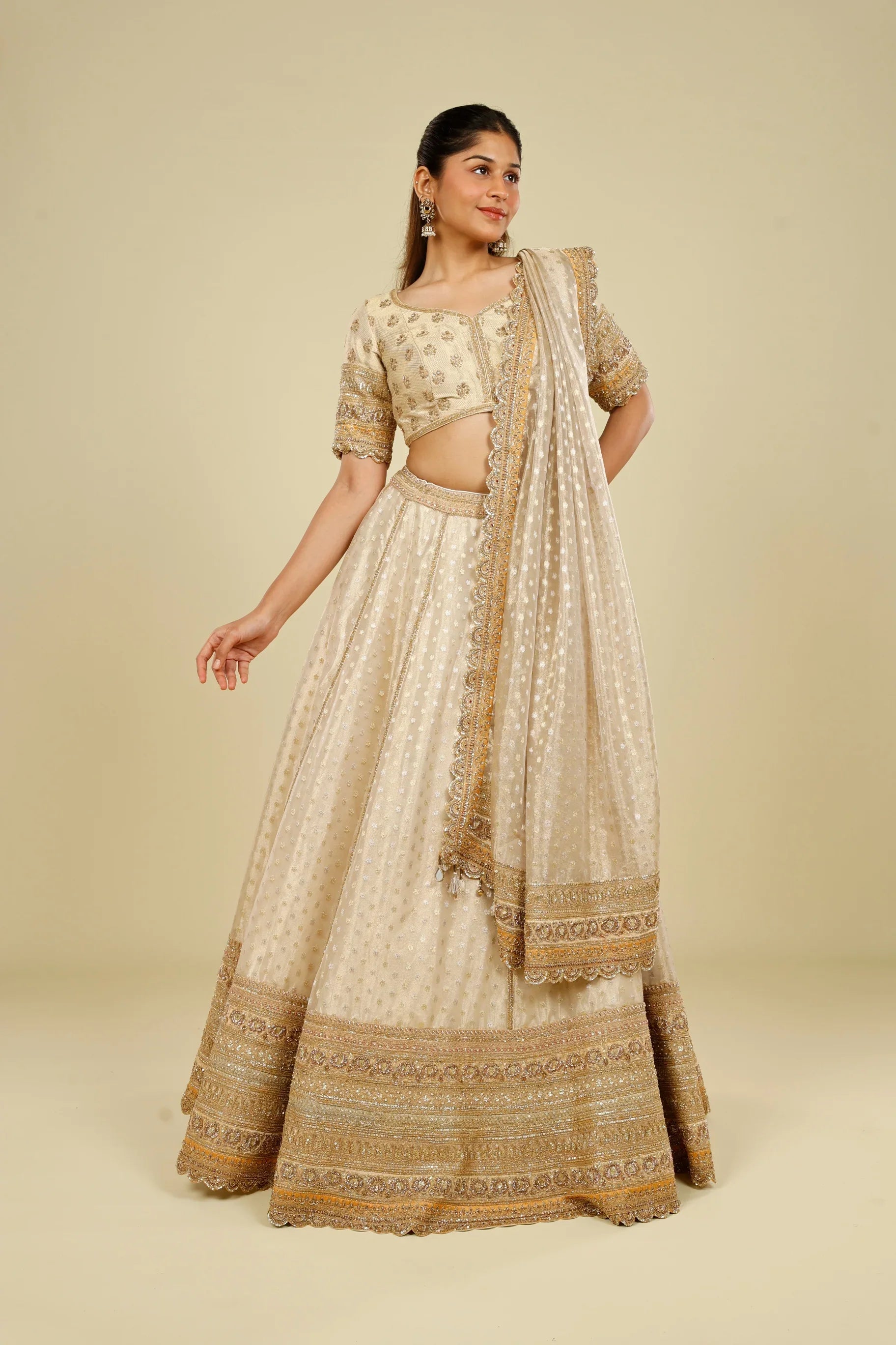 Ivory Banarasi Tissue Organza Lehenga Set with Zardozi, Zari & Sequin Embroidery - Mokshaa