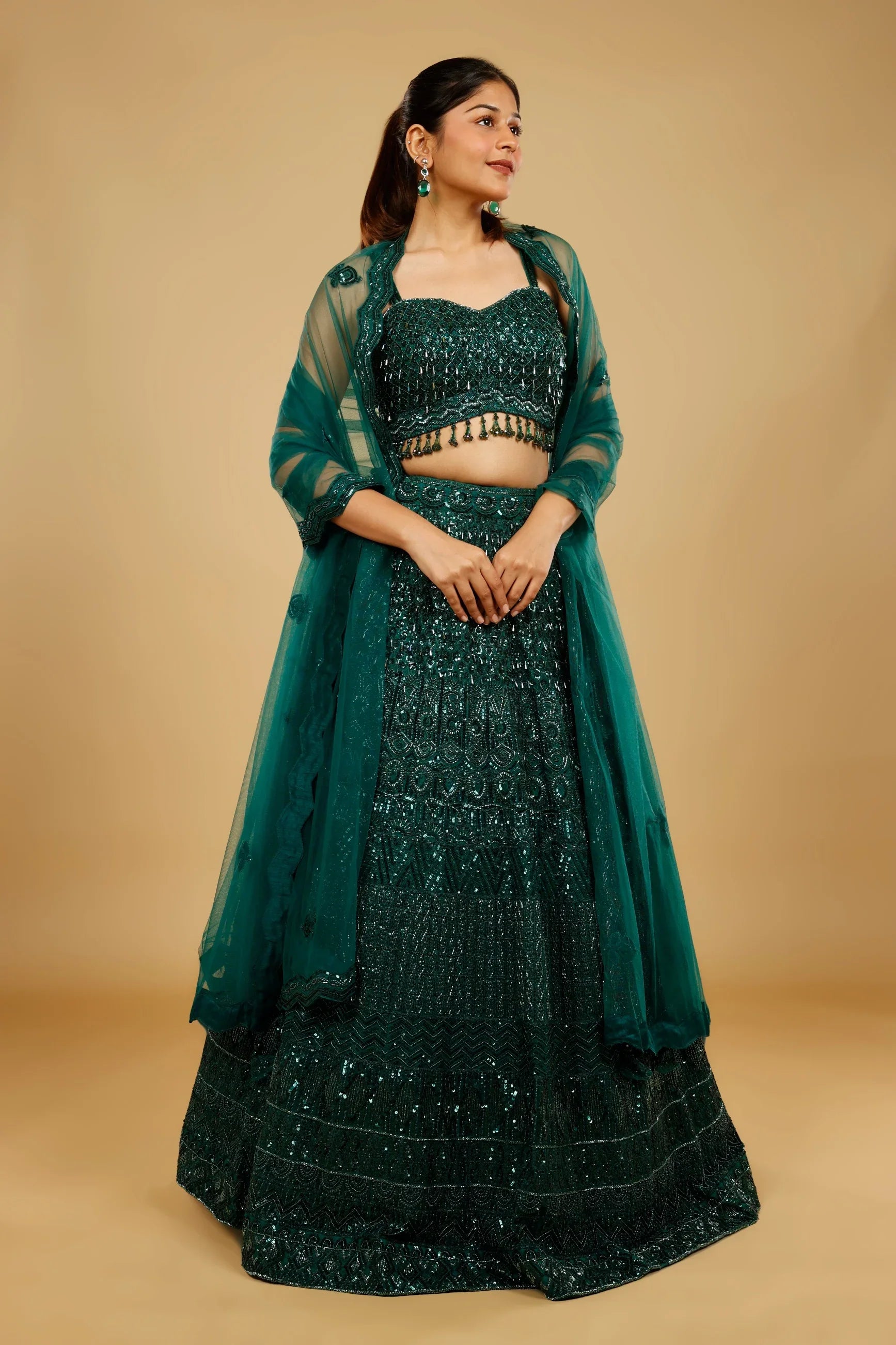 Bottle Green Net Lehenga Set with Sequin, Cutdana & Pearl Embroidery - Mokshaa