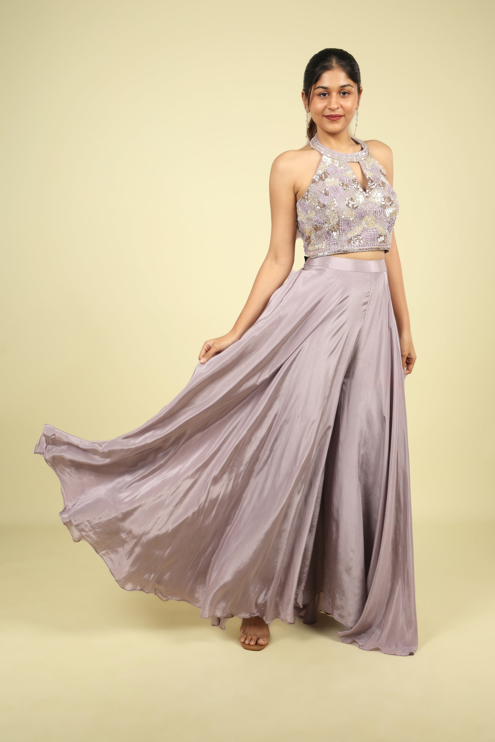 Lavender Embroidered Crepe Halter Palazzo Set - Mokshaa