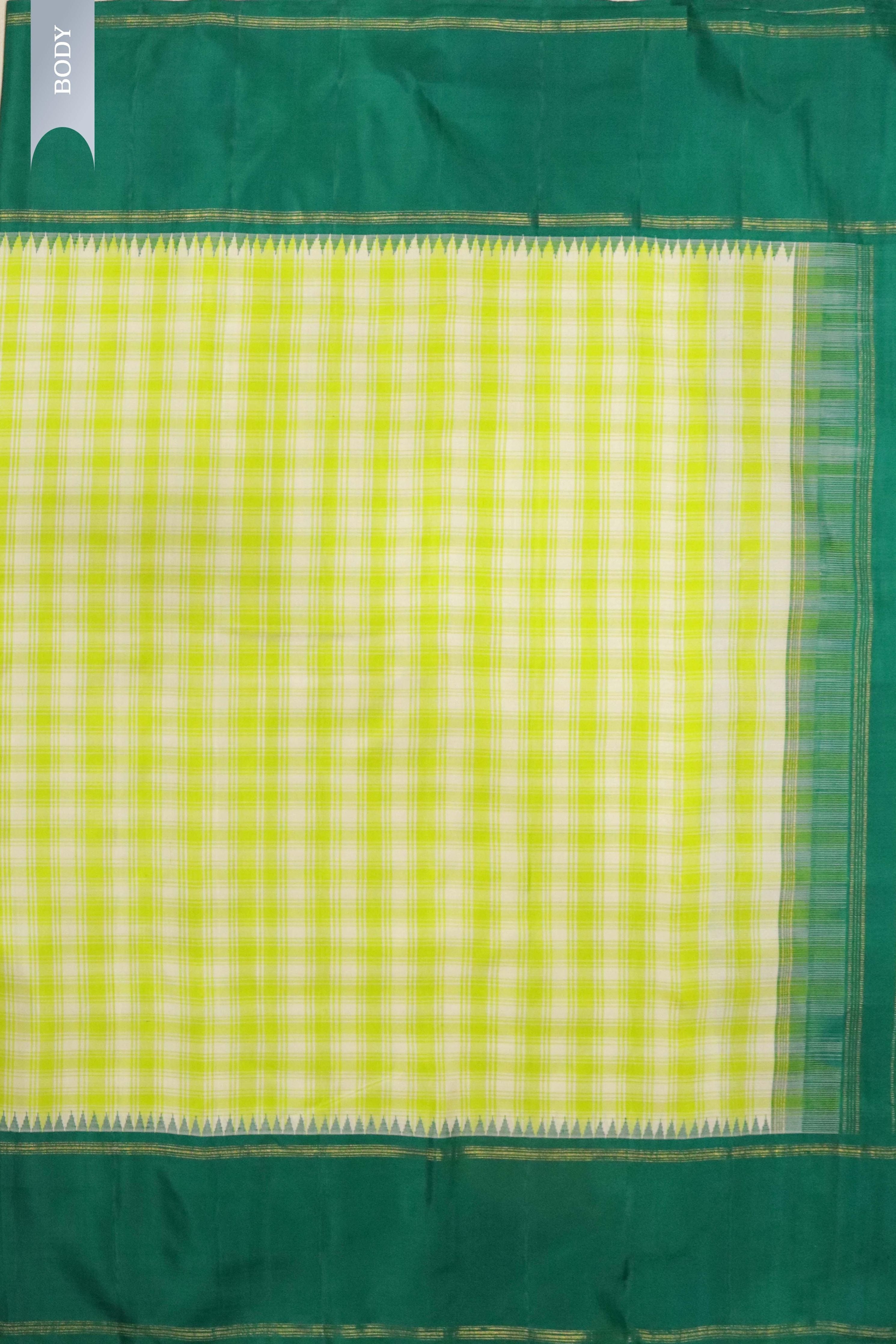 Green Kanchipuram Silk Saree with All-Over Checks & Contrast Silk Border - Mokshaa