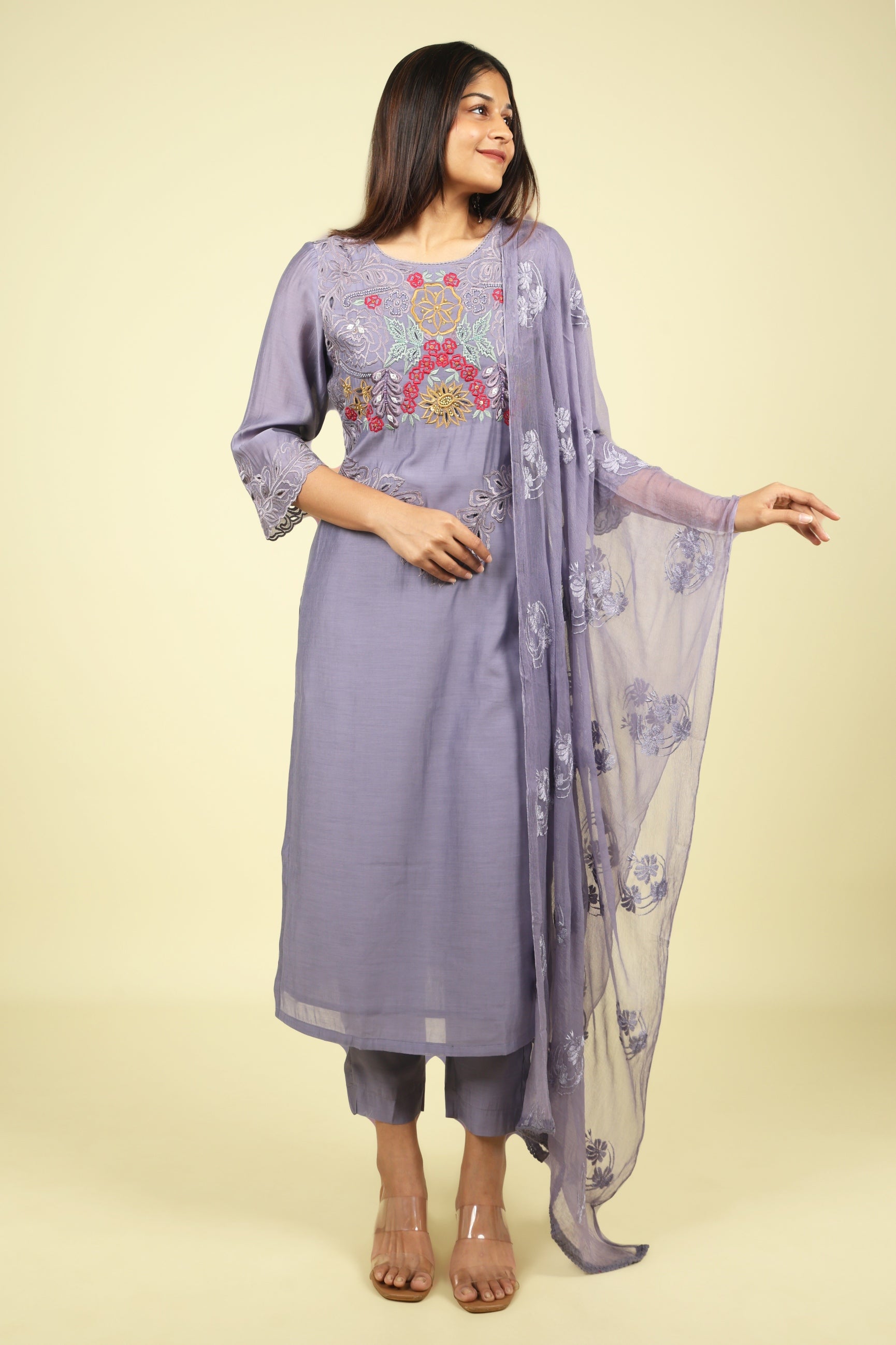 Violet Embroidered Mul Chanderi Salwar Suit - Mokshaa