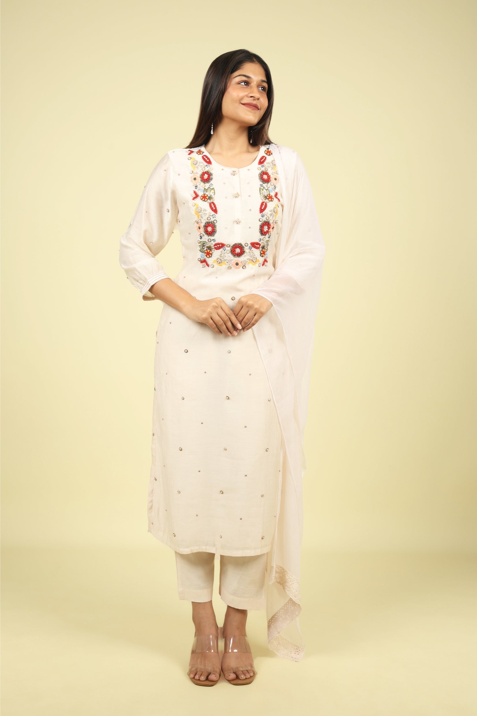 Cream Mul Chanderi Straight Cut Salwar Suit with Chiffon Dupatta - Mokshaa