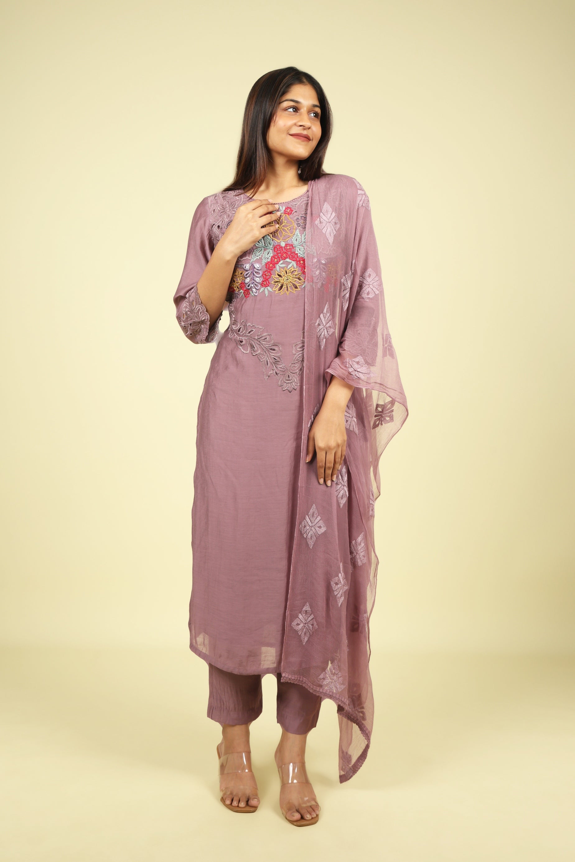 Dark Lavender Mul Chanderi Embroidered Straight Cut Salwar Suit - Mokshaa