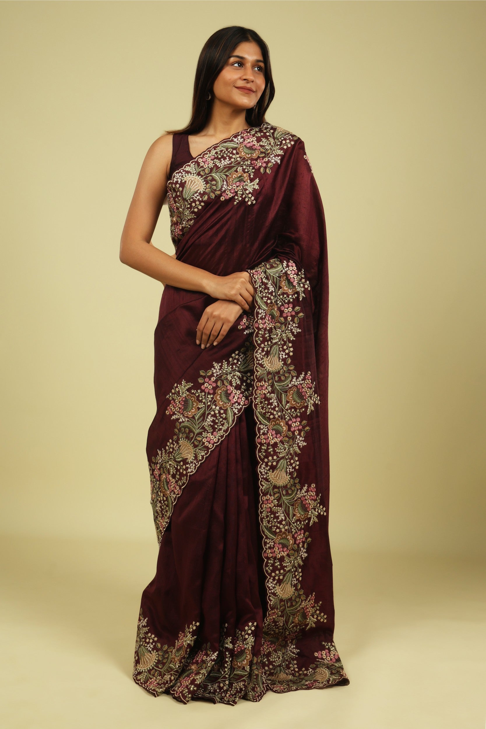 Dark Wine Handloom Tussar Saree with Multi-Thread Embroidered Border - Mokshaa