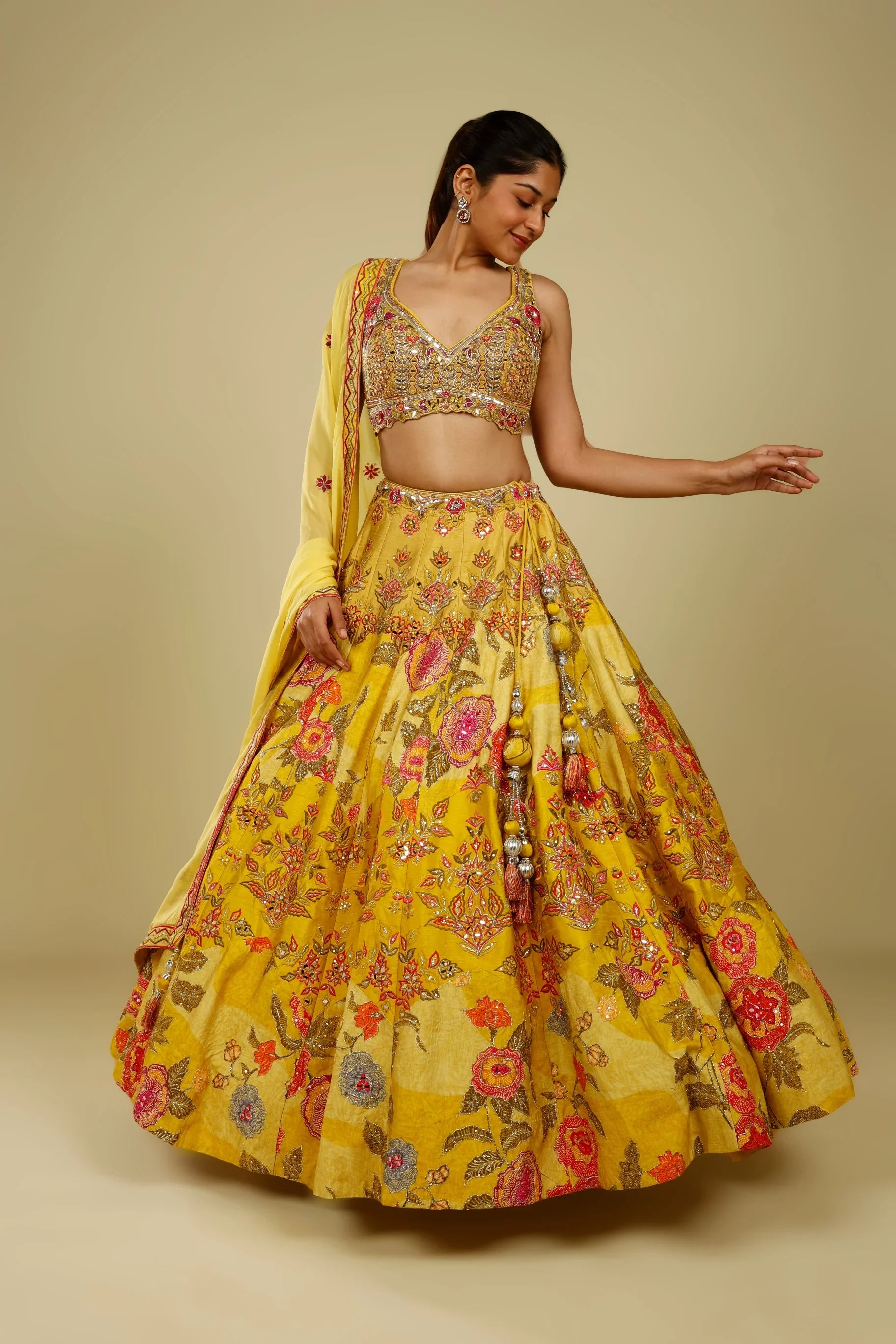 Yellow Silk Printed Lehenga Set with Thread, Mirror & Zari Embroidery - Mokshaa