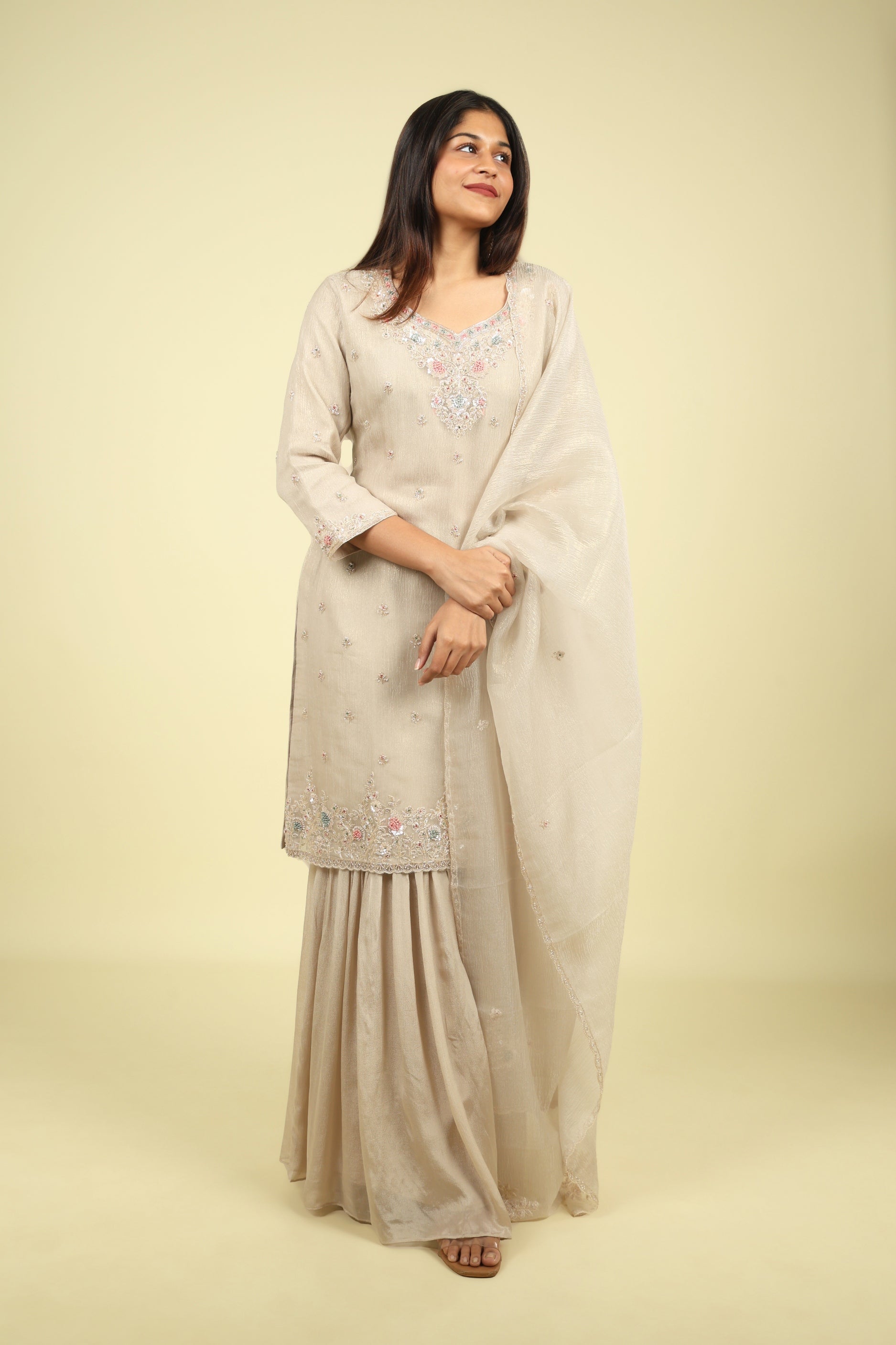 Beige Embroidered Crush Tissue Sharara Set - Mokshaa