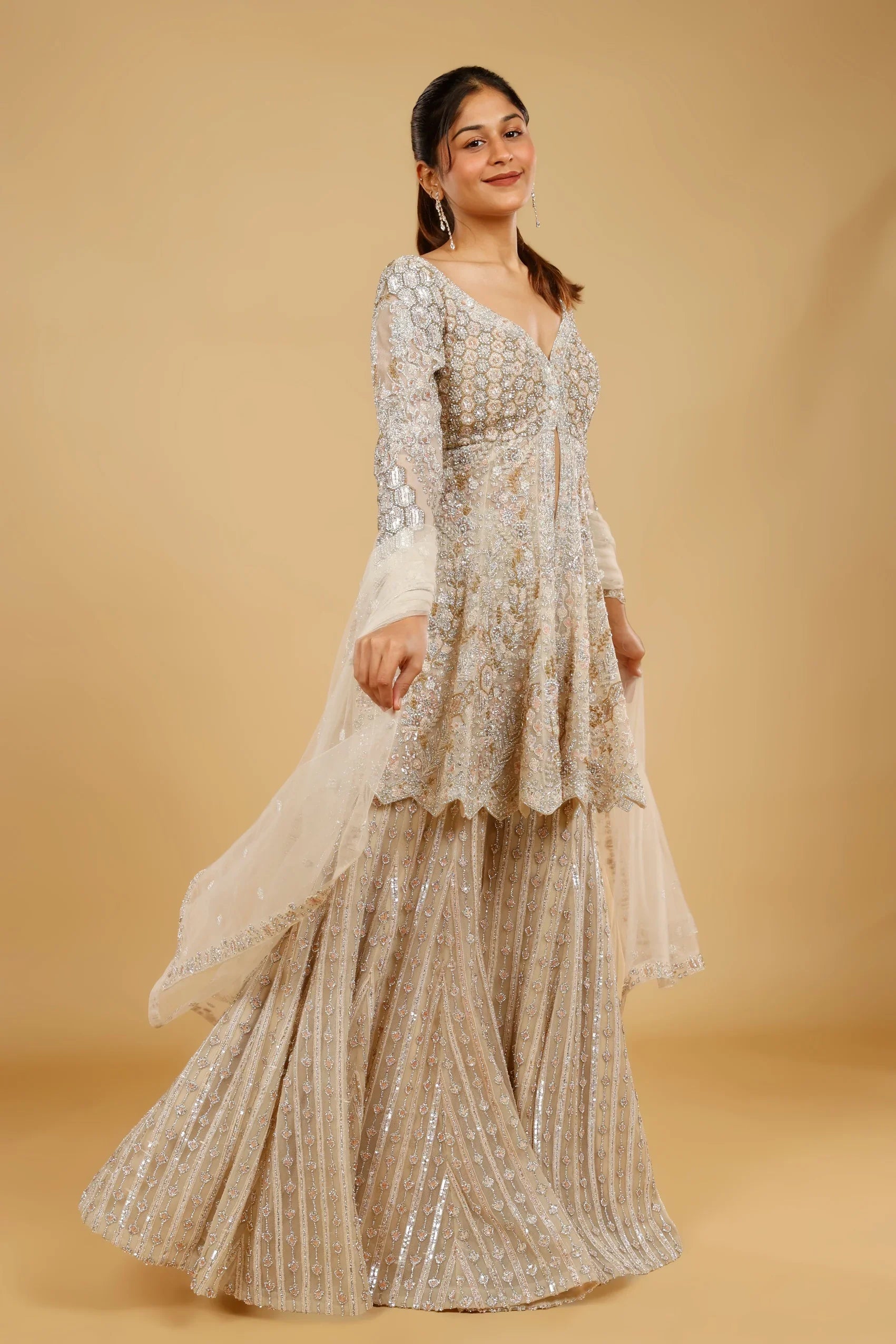 Ivory Net Sharara Set with Stone, Kundan & Sequin Embroidery - Mokshaa
