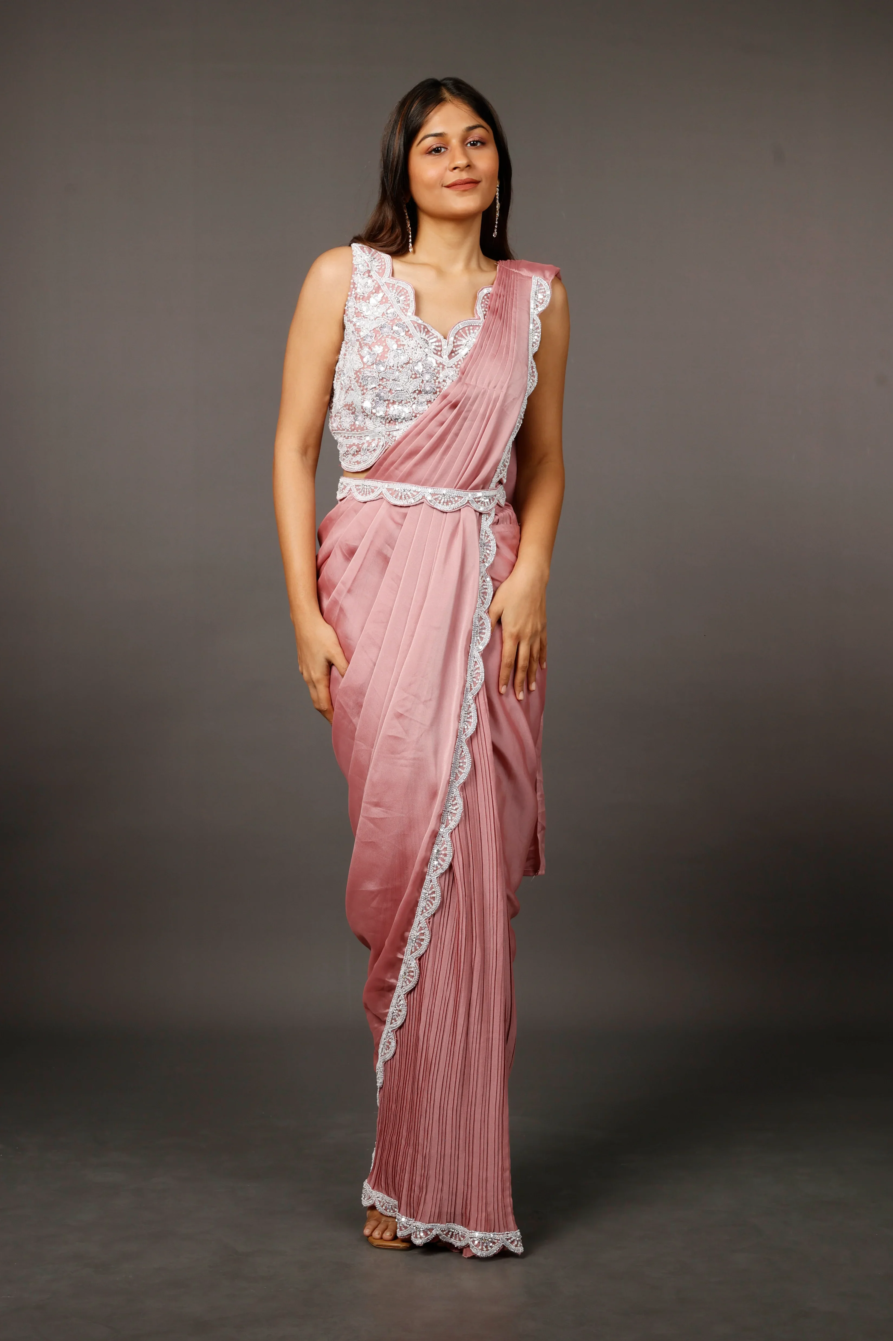 Coral Chinon Silk Drape Saree with Sequin, Pearl & Cutdana Embroidery - Mokshaa