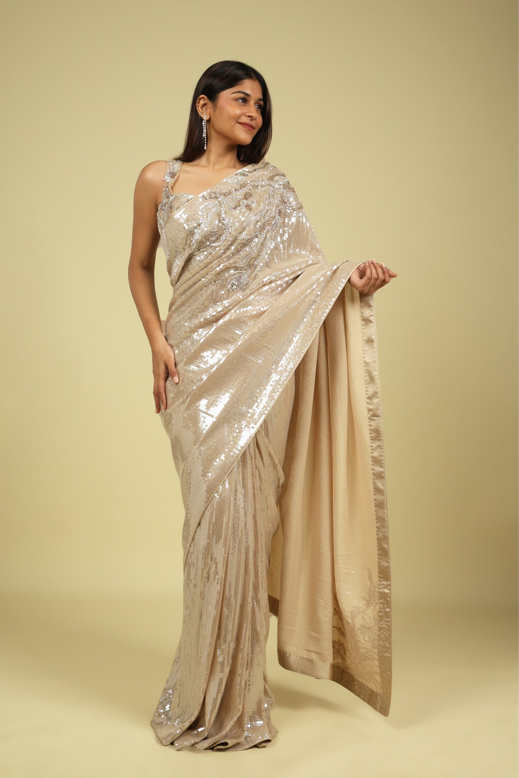 Beige Net Saree with All-Over Self Sequins & Fancy Sequin Border - Mokshaa