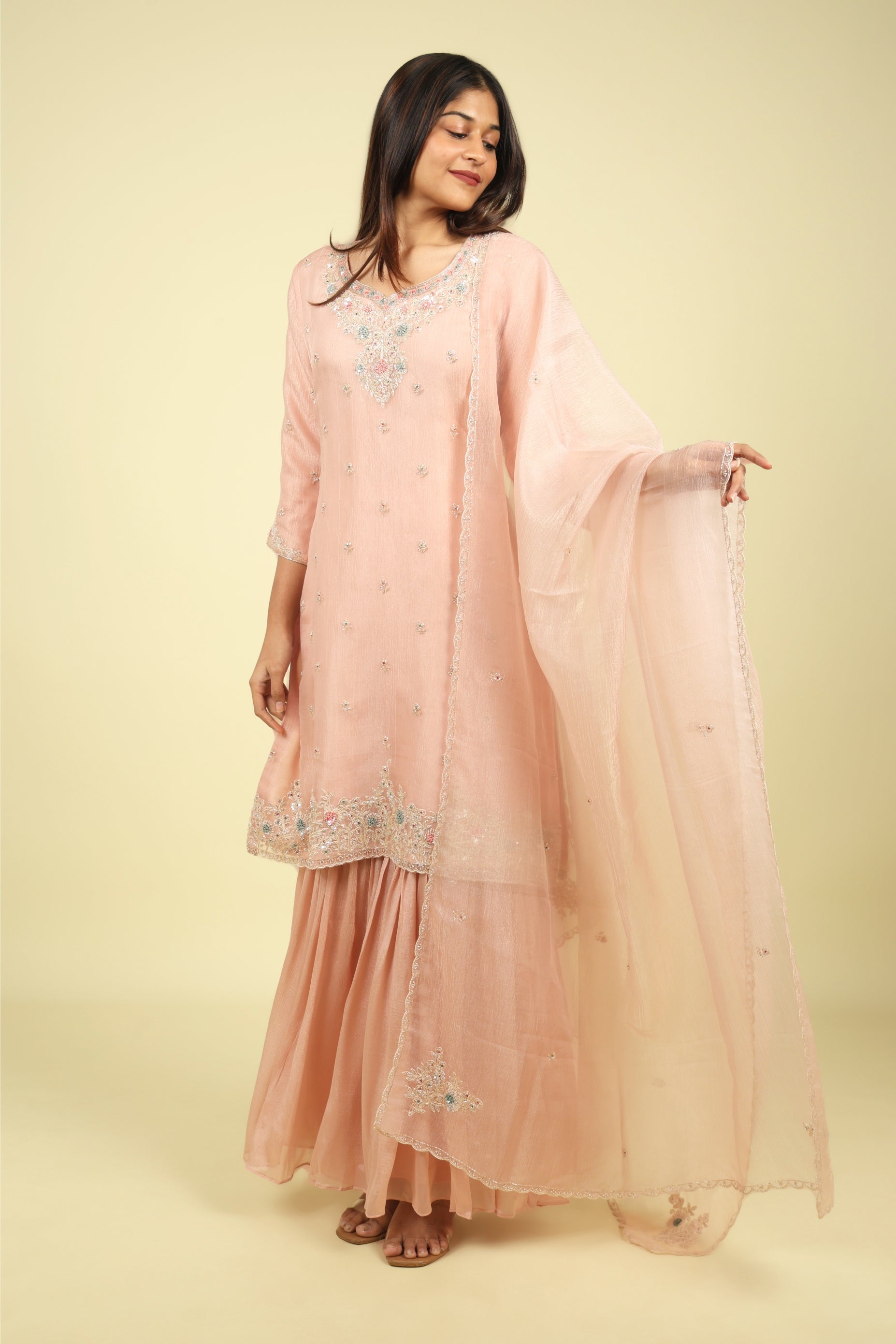 Pink Embroidered Crush Tissue Sharara Set - Mokshaa