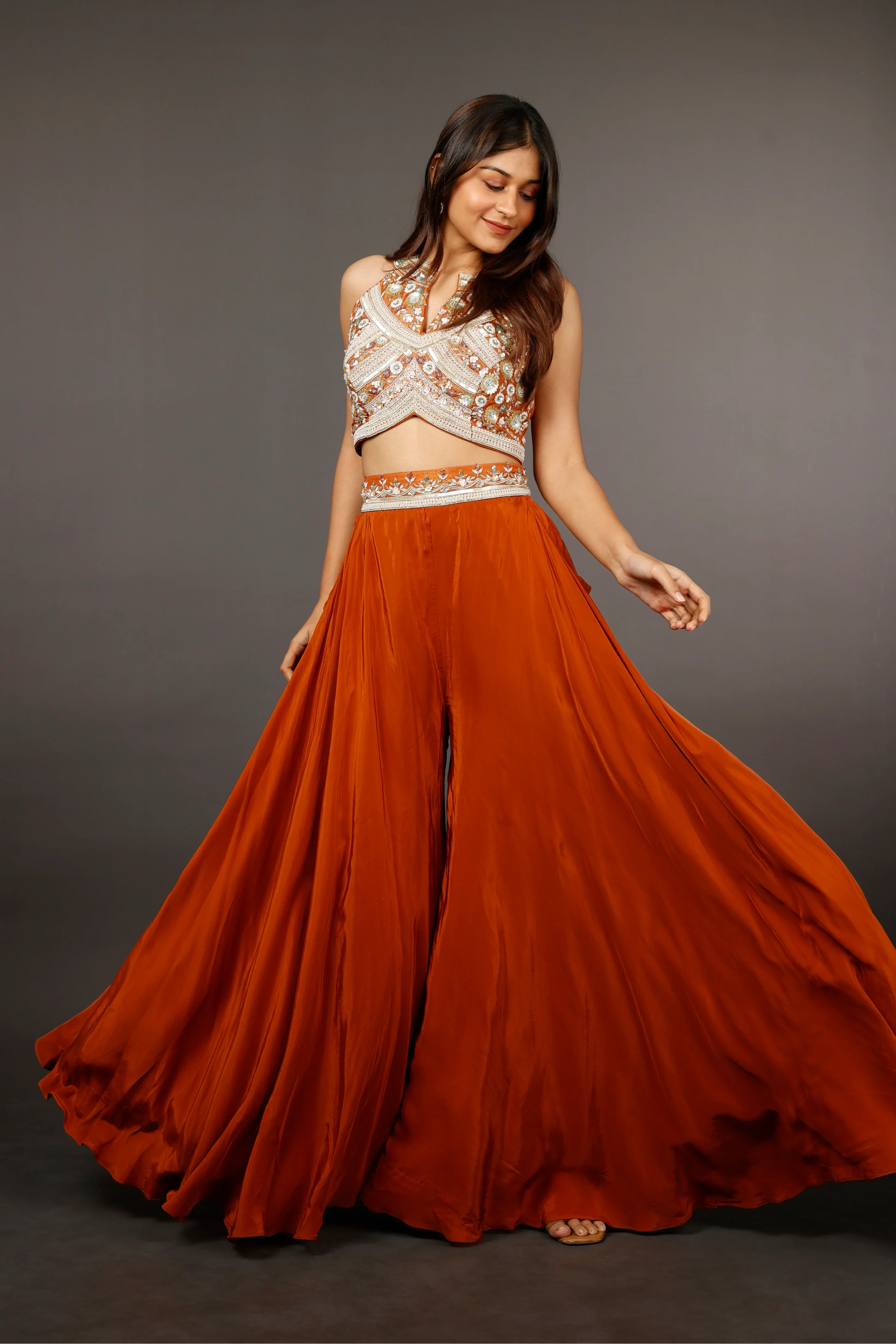 Rust Orange Crepe Silk Crop Top with Palazzo, Tissue Halter Blouse - Mokshaa