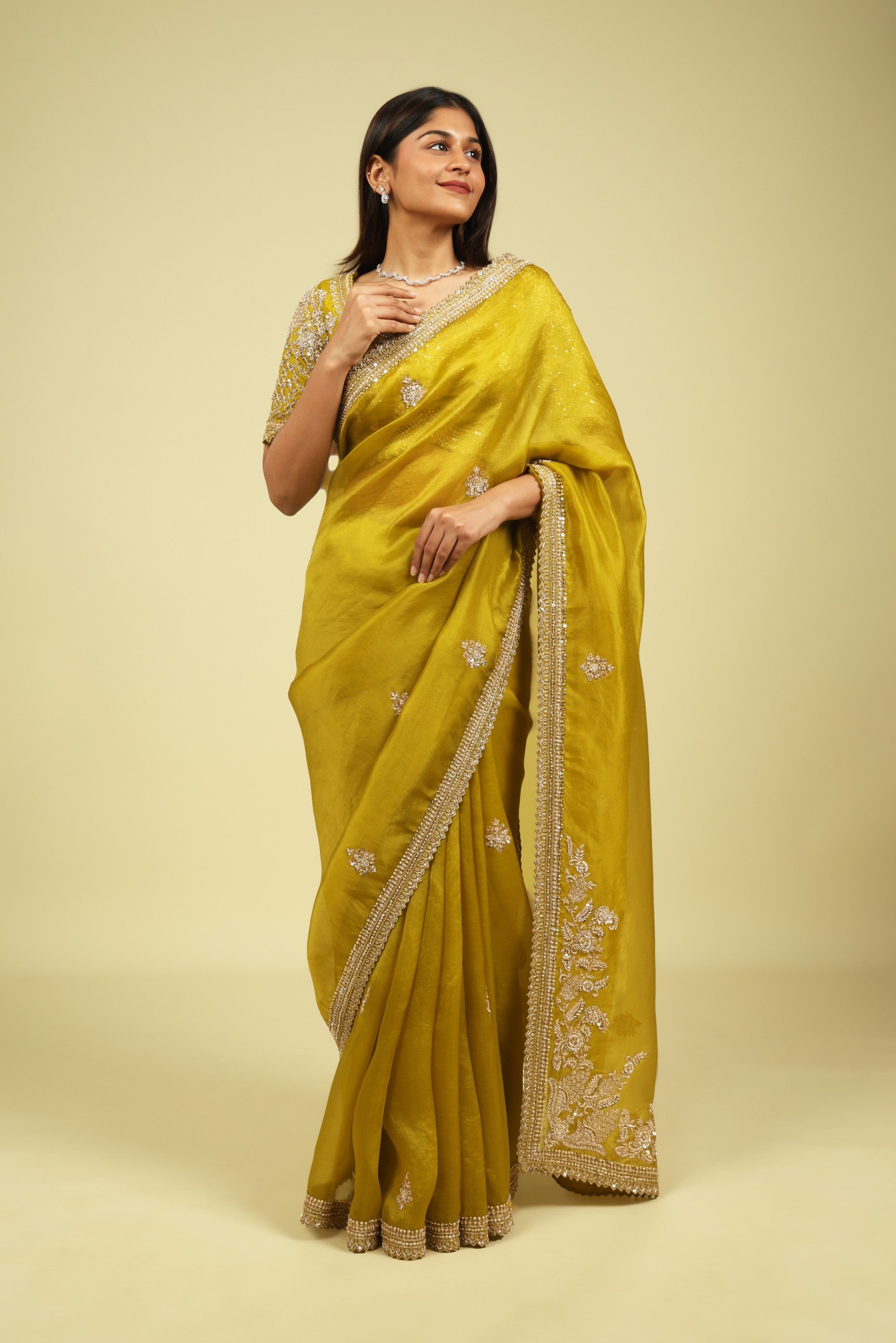 Lime Green Organza Saree with Zardoosi, Sequin Buttas & Embroidered Border - Mokshaa