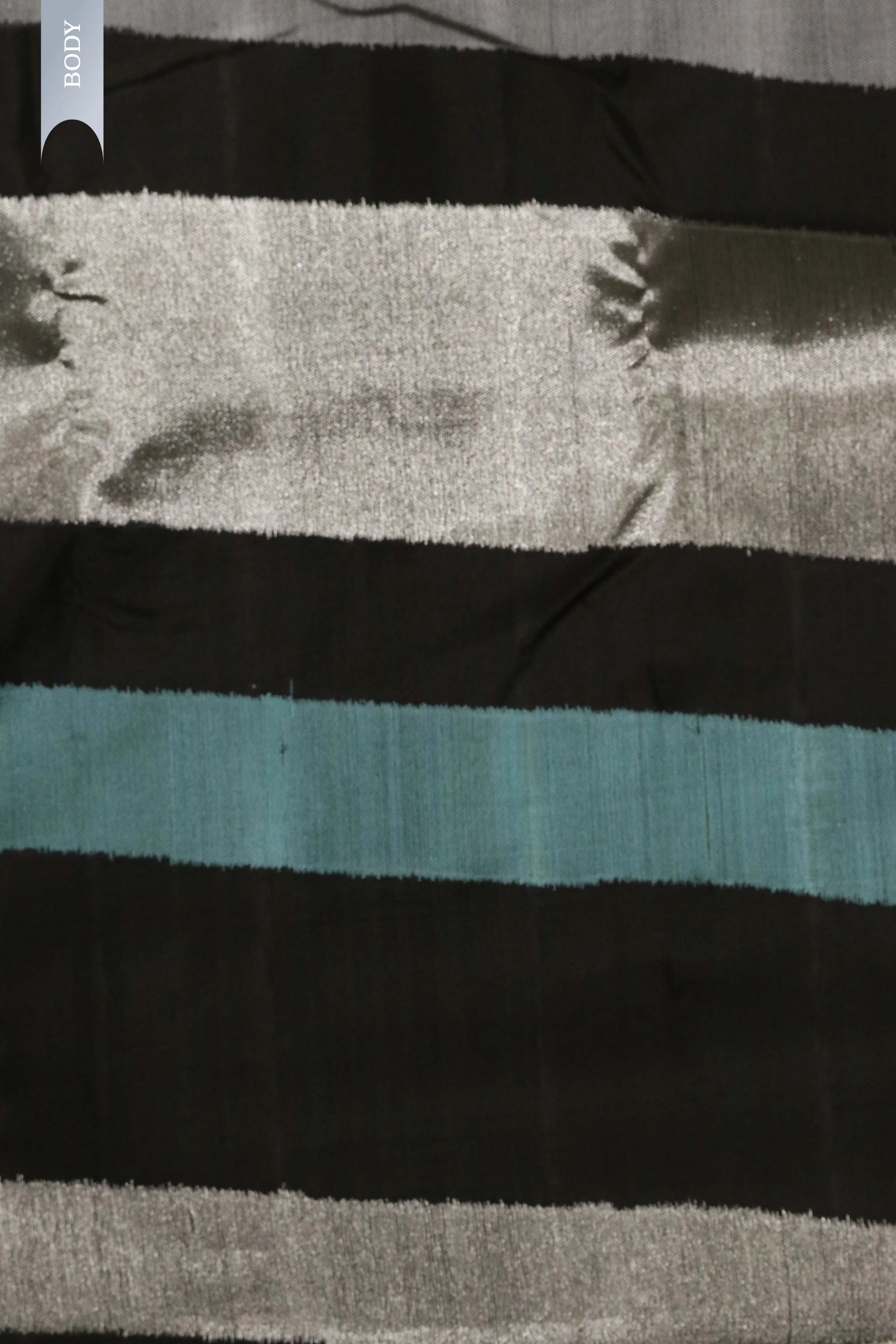 Black Kanchipuram Silk Saree with Silver & Blue Thread Striped Weaving - Mokshaa