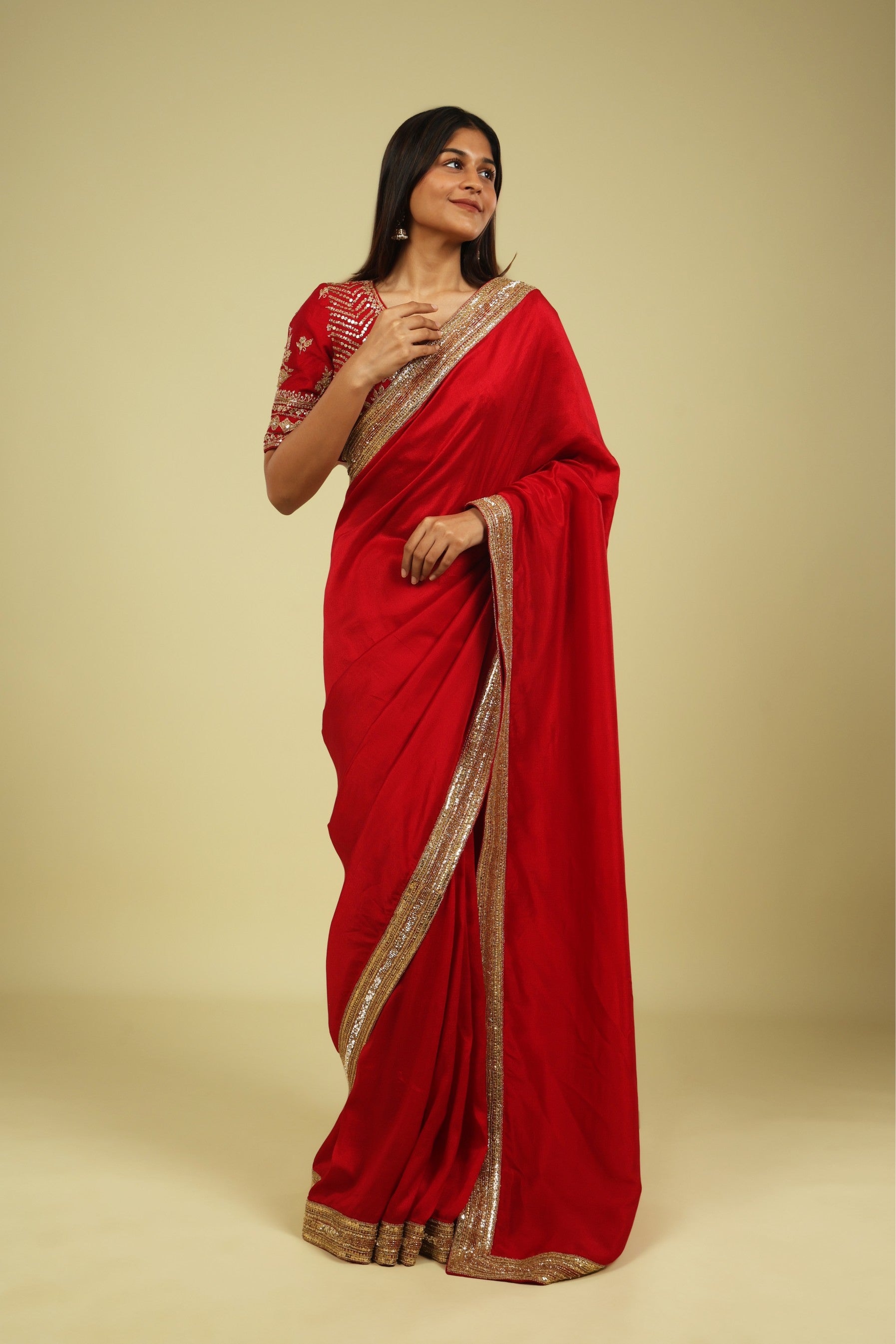 Red Tussar Georgette Saree with Bead & Sequin Border - Mokshaa