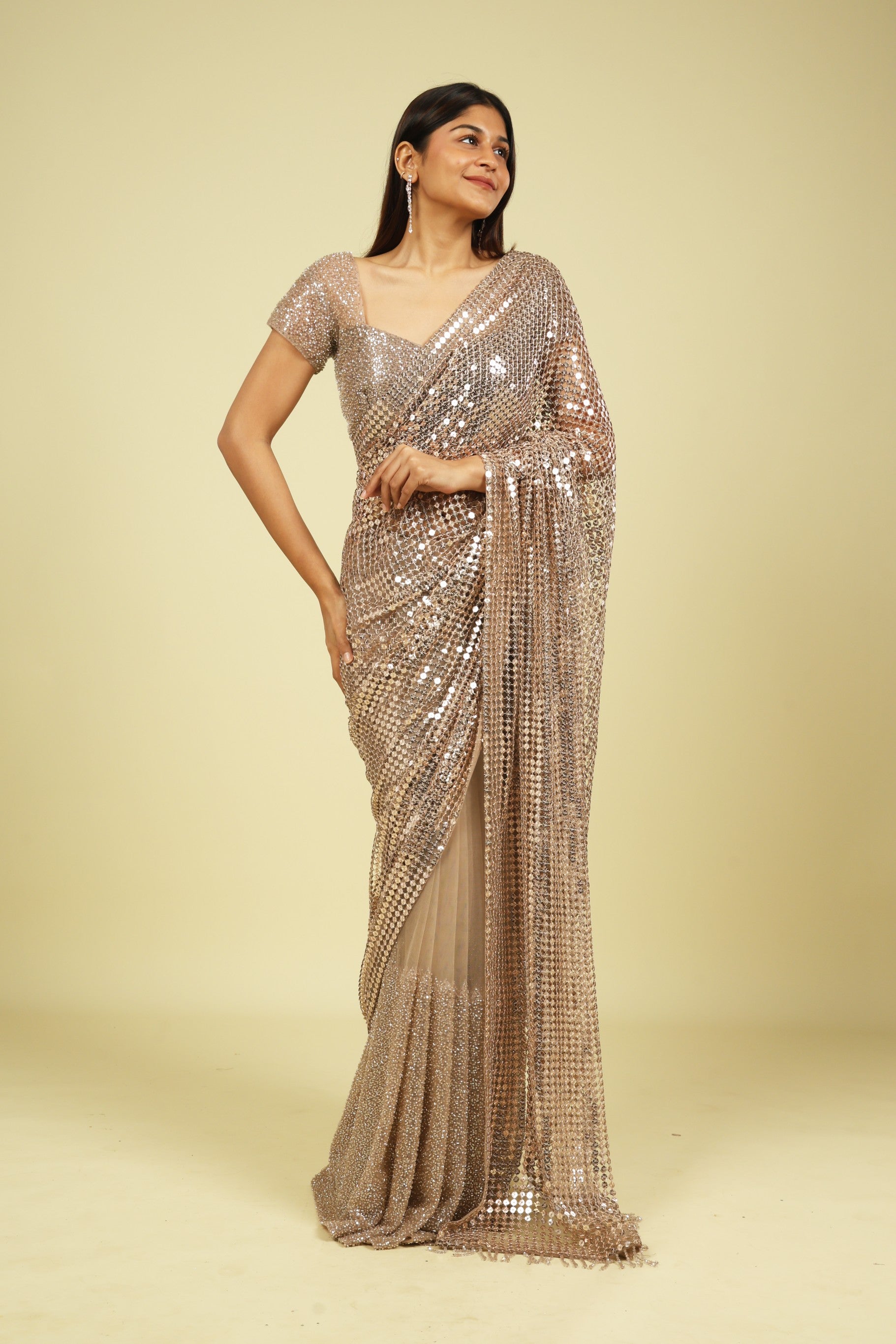 Gold Metallic Mesh Saree with Sequins & Beadwork - Mokshaa