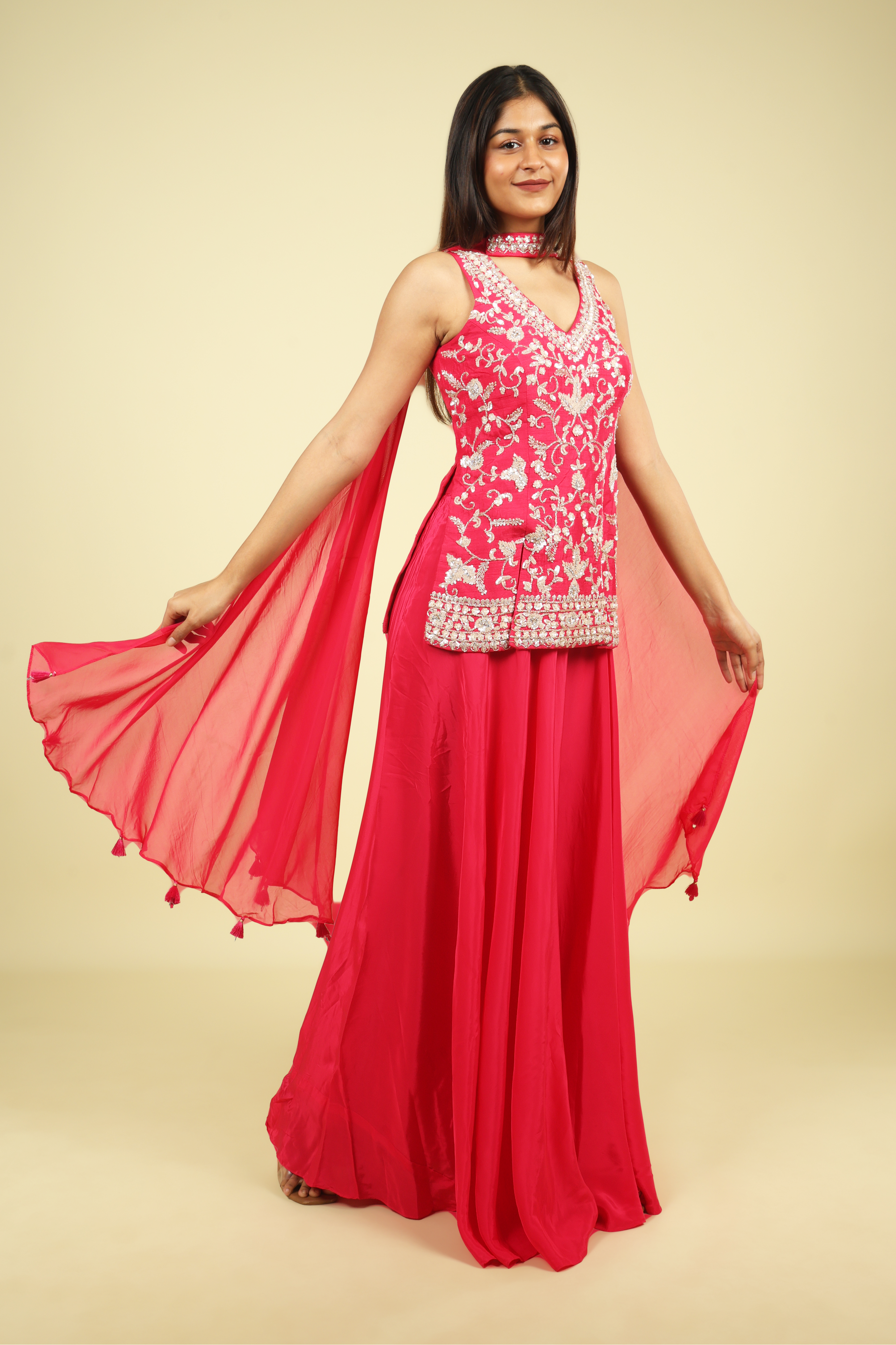 Pink Silk Palazzo Set with Embroidered Top & Organza Choker Dupatta - Mokshaa