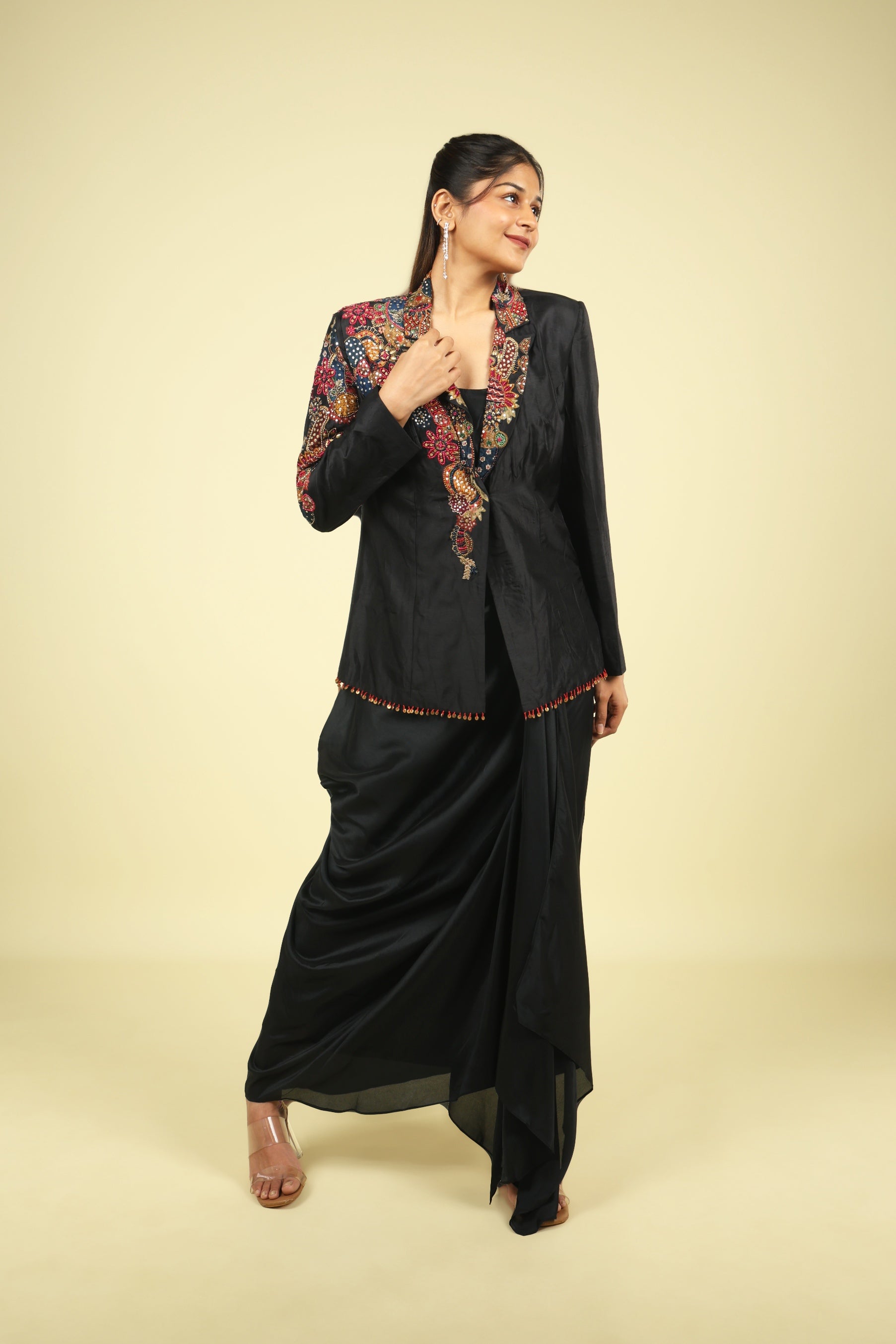 Black Silk Blazer & Draped Skirt Set with Pearl & Sequin Embroidery - Mokshaa
