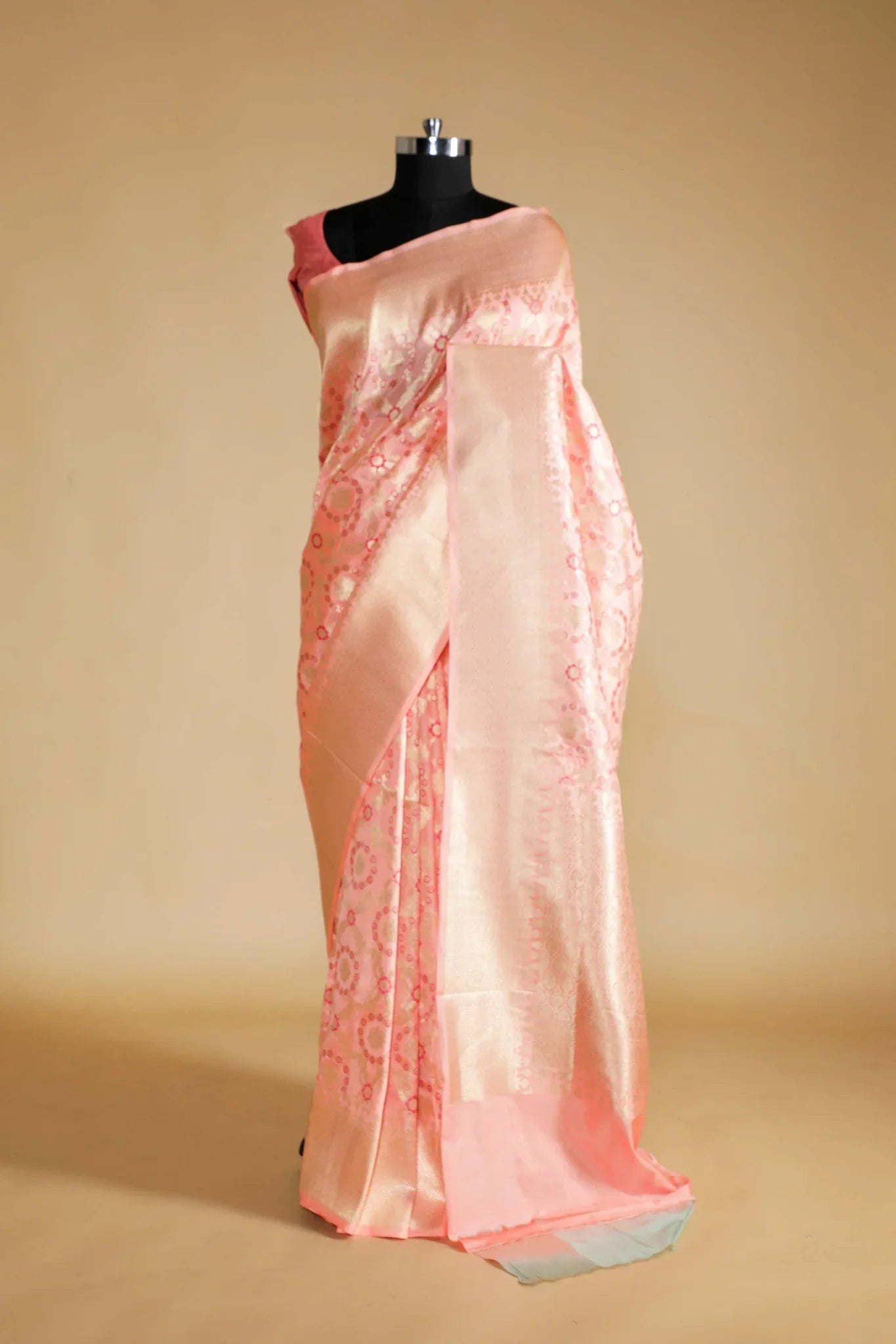 Peach Banarasi Silk Saree with All-Over Zari & Thread Weaving - Mokshaa