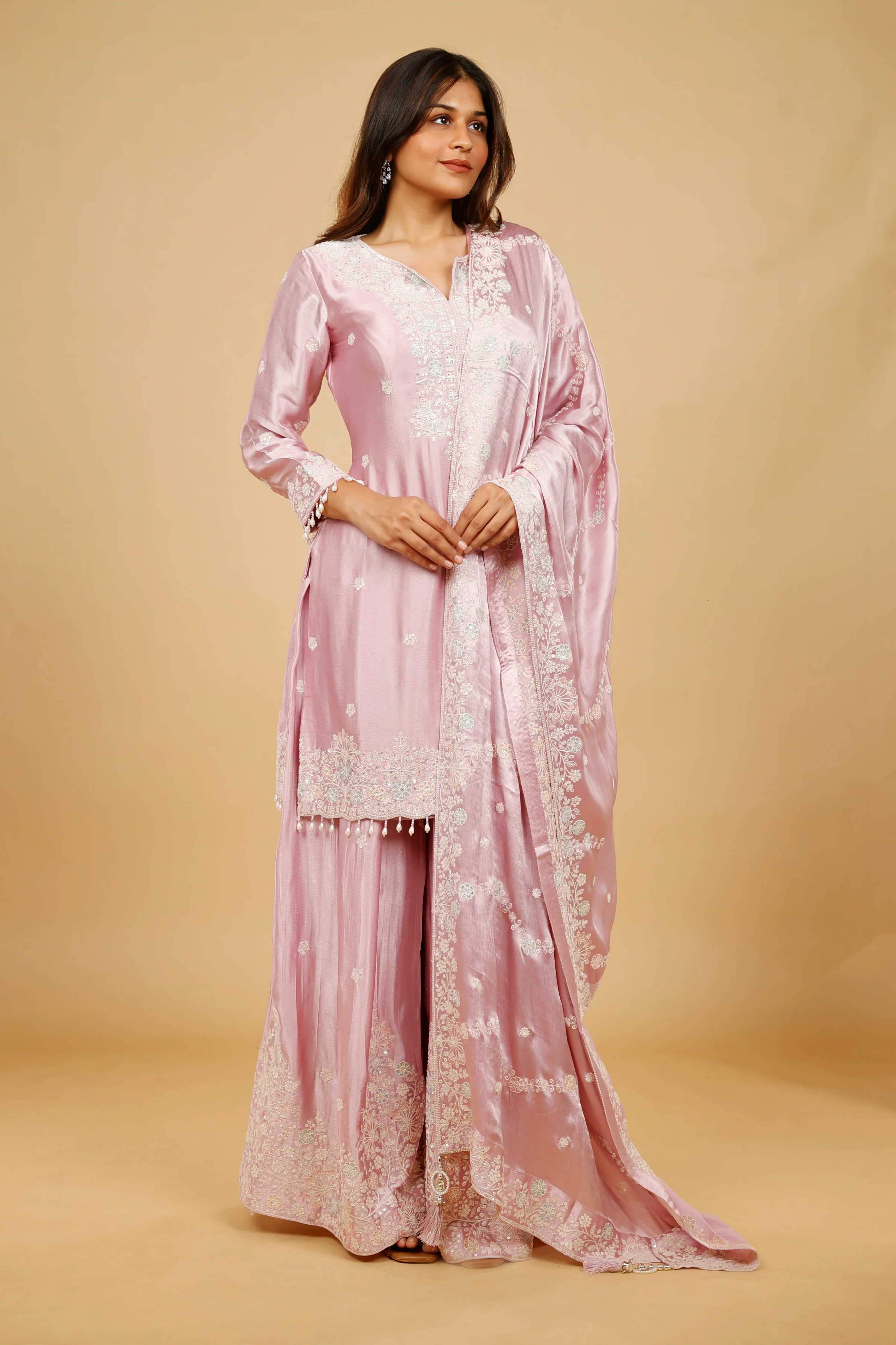 Blush Pink Chinon Silk Sharara Set with Thread, Pearl & Sequin Embroidery - Mokshaa