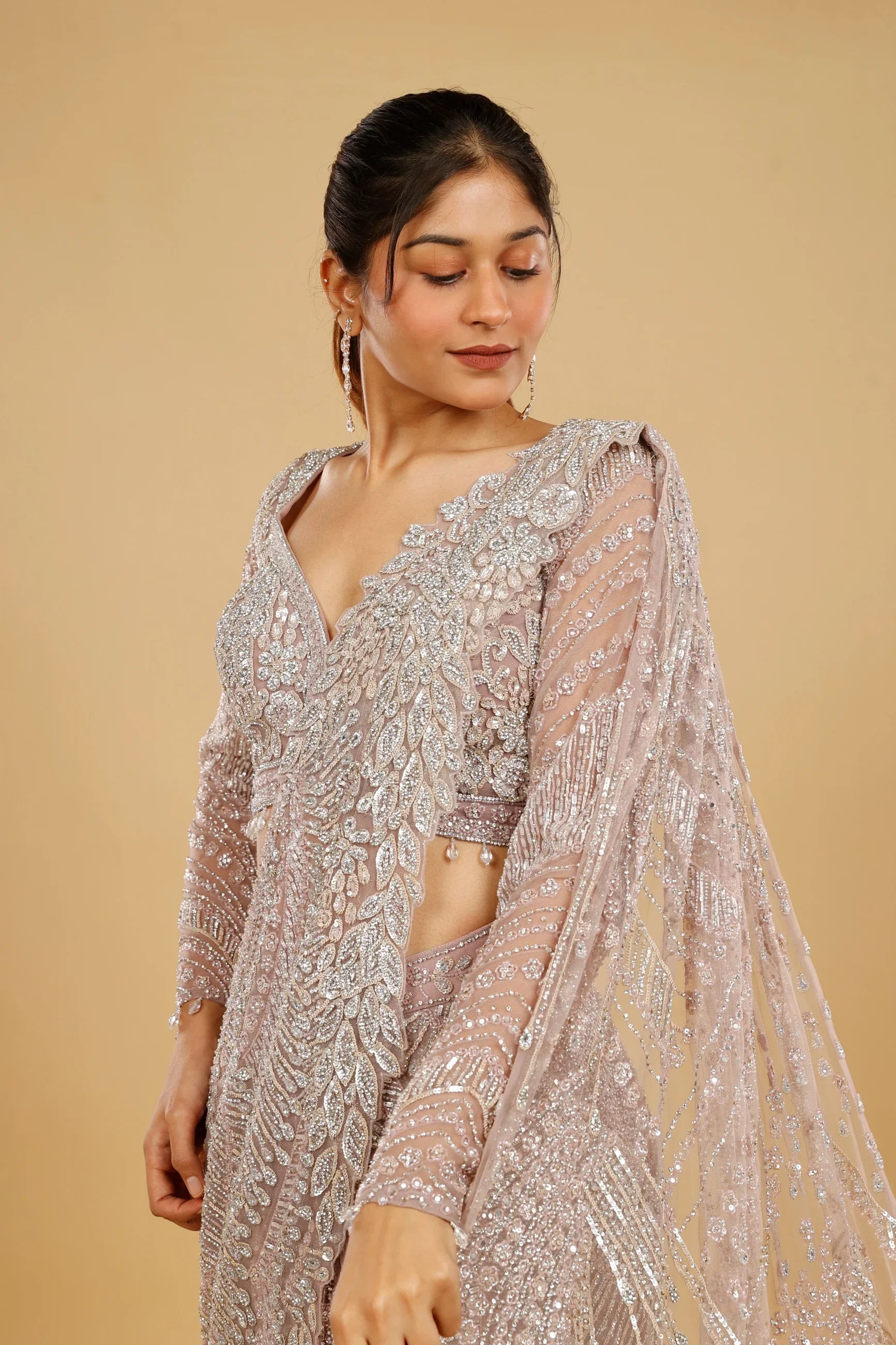 Champagne Net Drape Saree with Heavy Sequin & Cutdana Work - Mokshaa