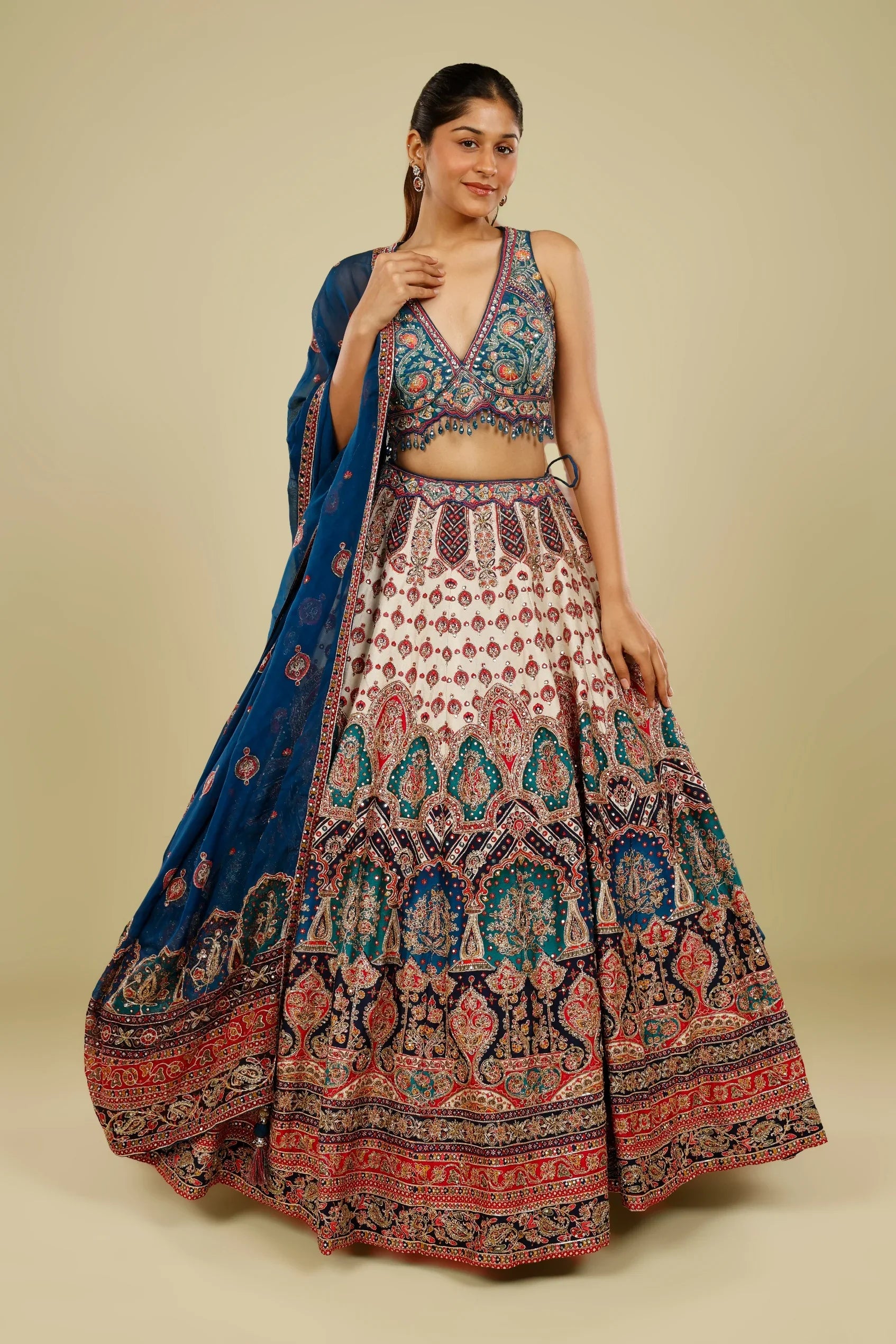 Blue Multicolour Printed Silk Lehenga Set with Zari, Sequin & Cutdana Highlights - Mokshaa