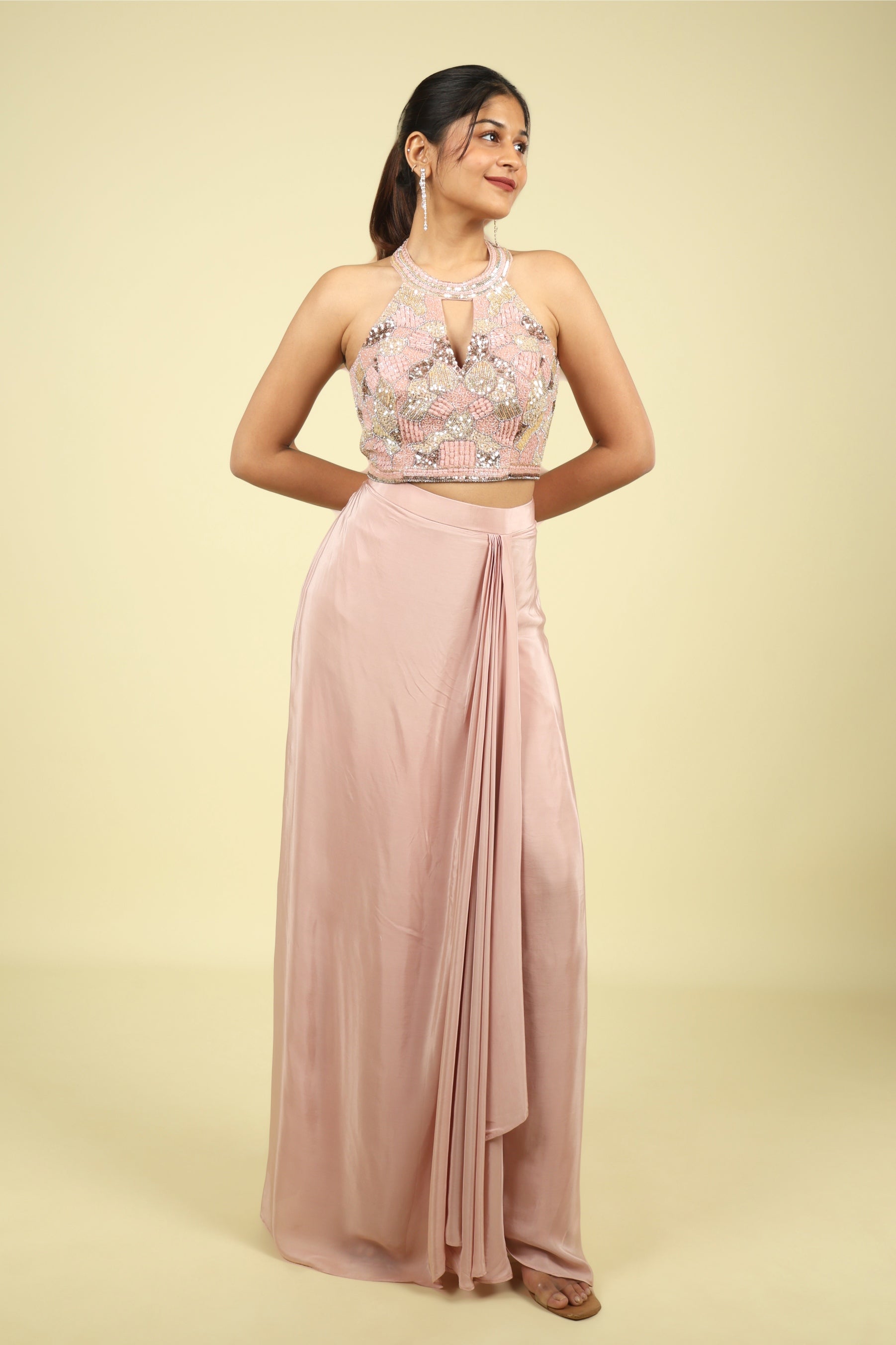 Blush Pink Halter Neck Embellished Drape Skirt Set - Mokshaa