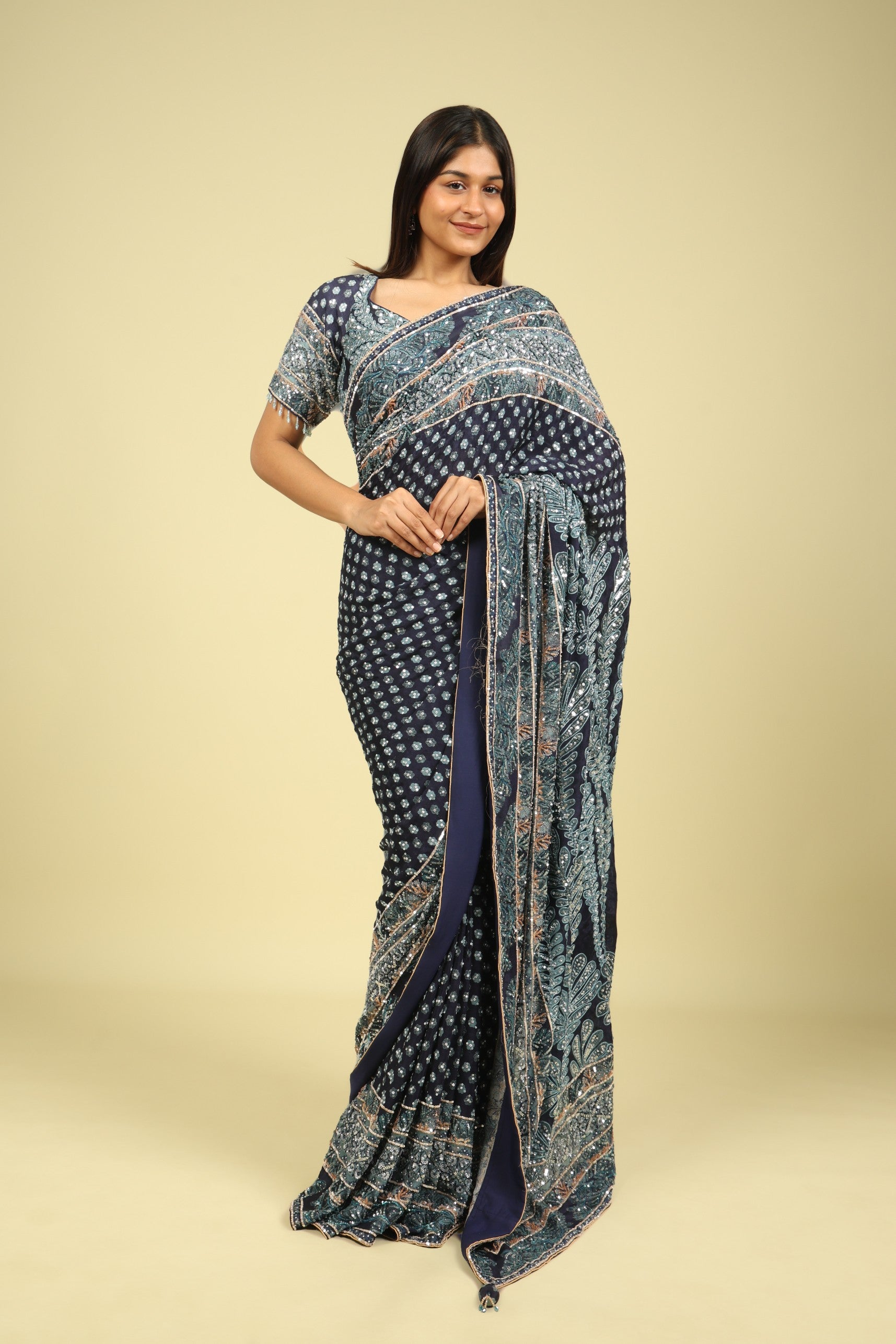 Dark Blue Soft Georgette Saree with All-Over Fancy Sequin Highlights - Mokshaa