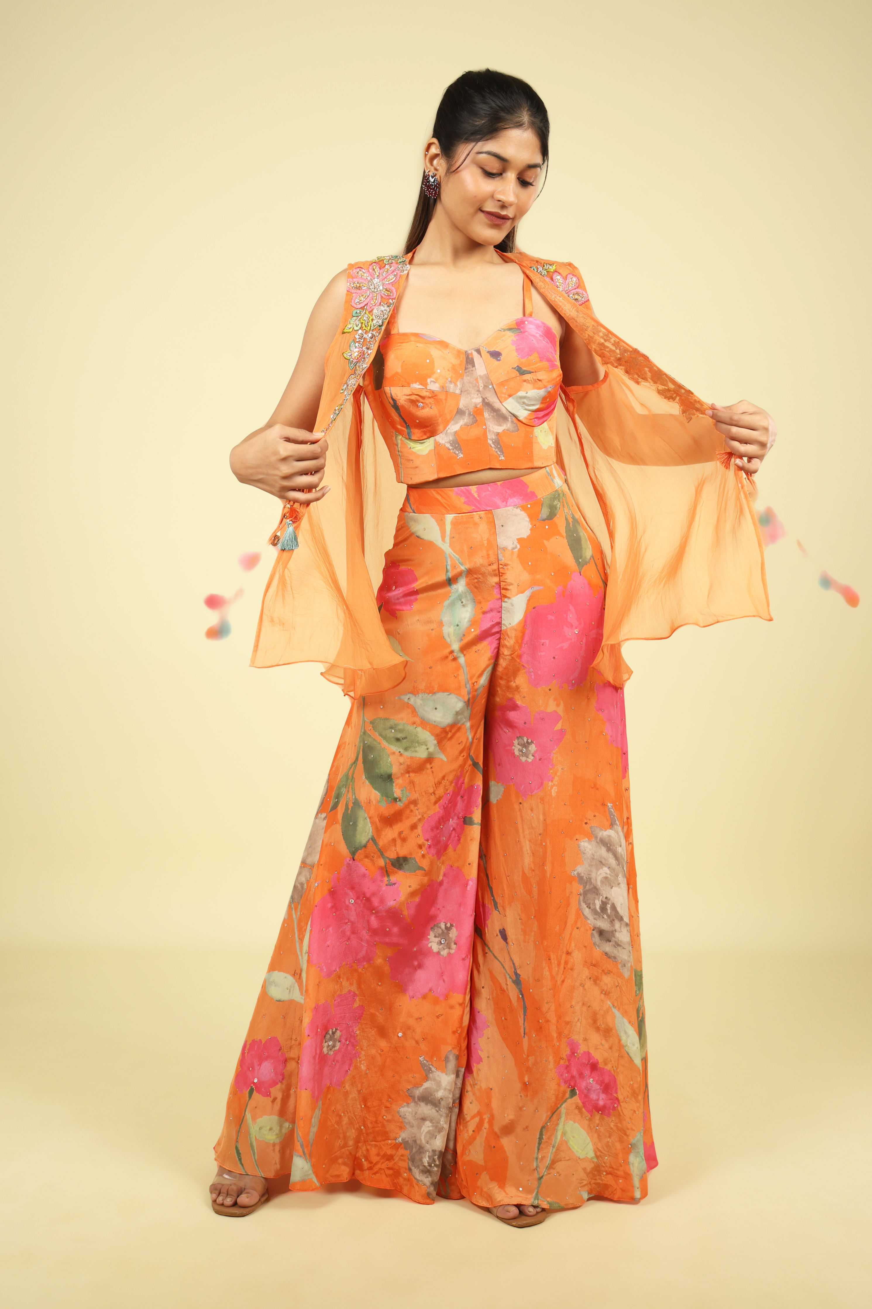 Orange Multi-Colour Printed Crepe Palazzo Set with Organza Jacket - Mokshaa